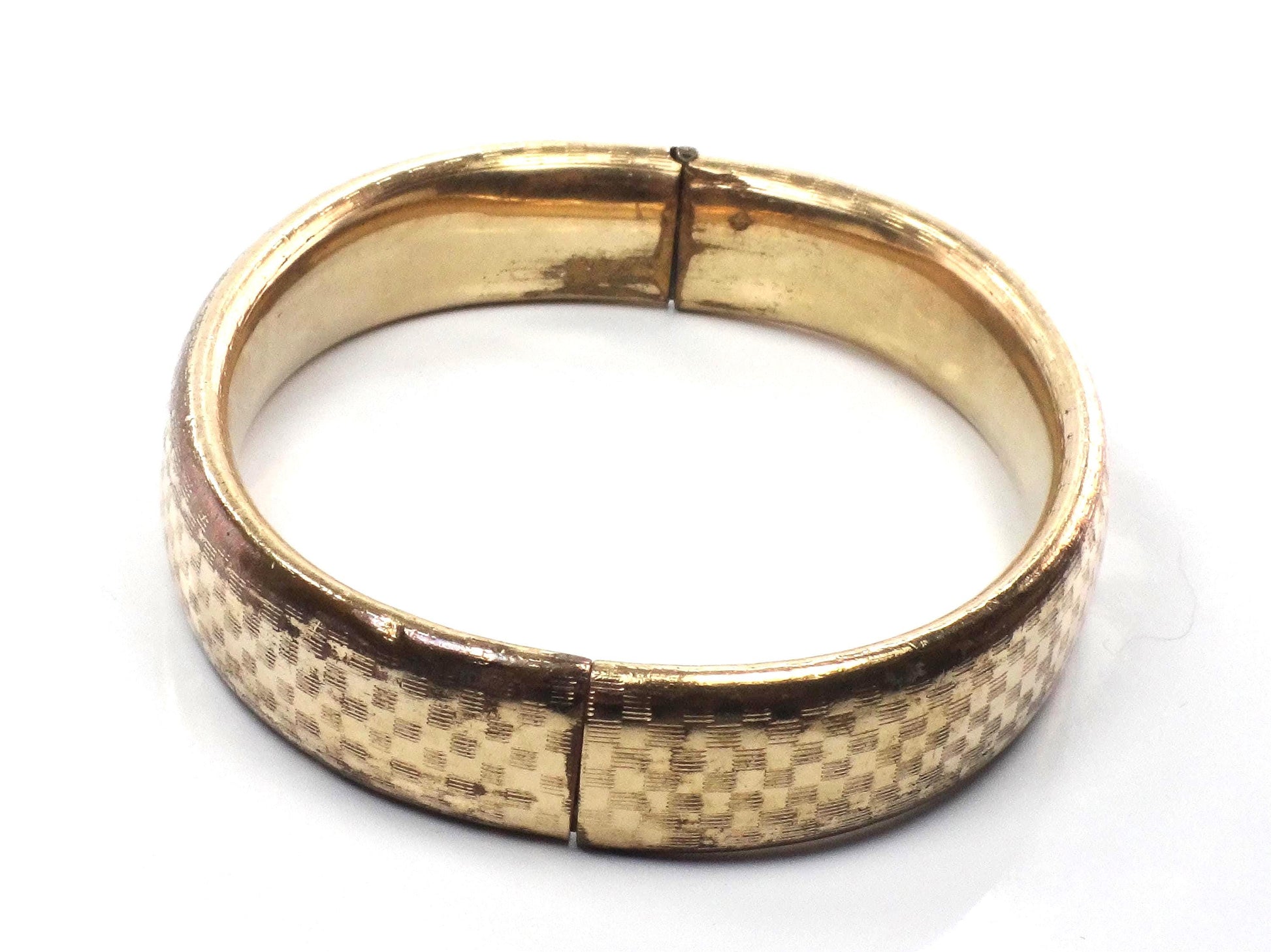 Vintage Hinged Bangle Bracelet with Checkerboard Finish: Rolled Gold Plate FTP Co