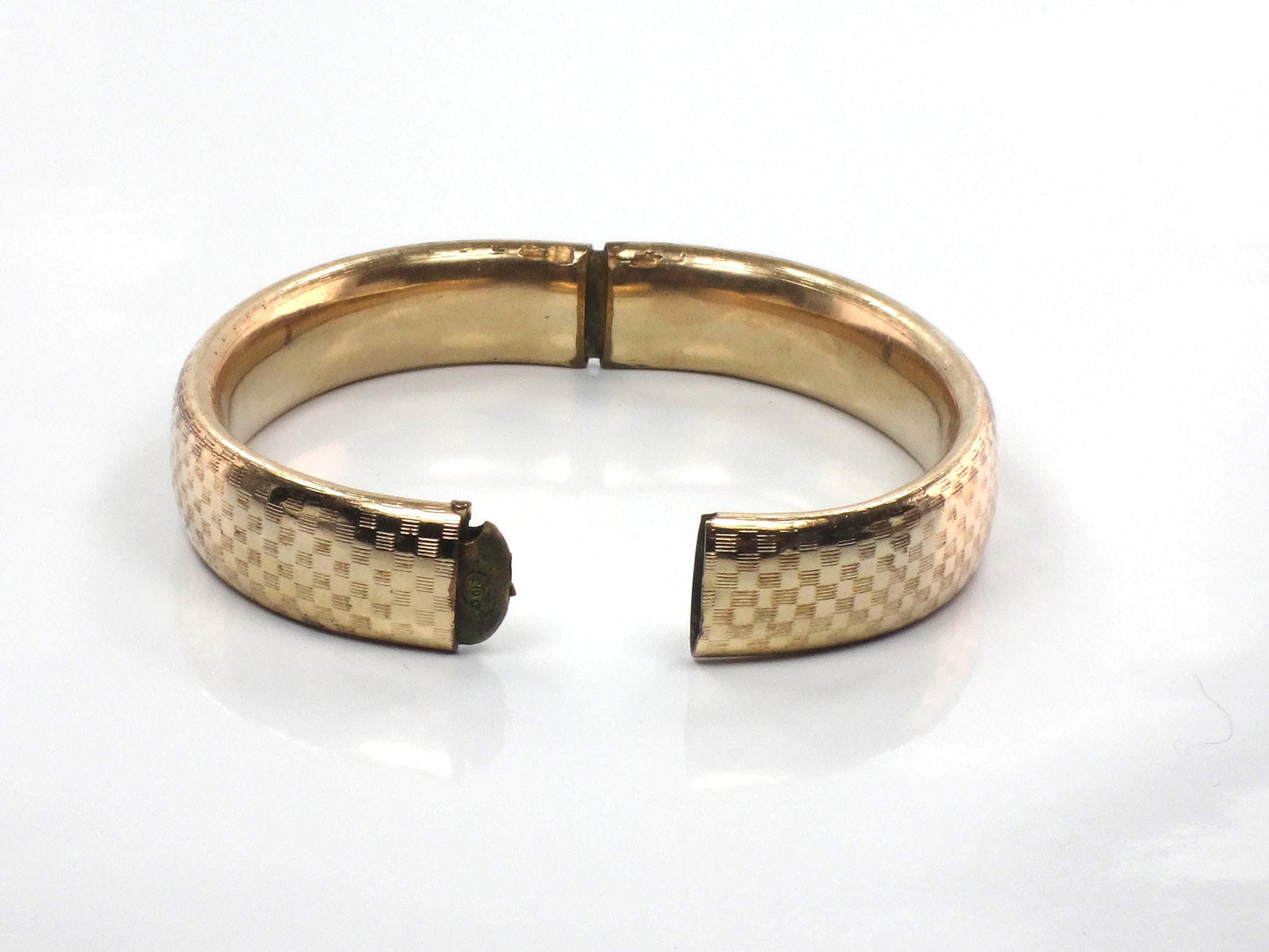 Vintage Hinged Bangle Bracelet with Checkerboard Finish: Rolled Gold Plate FTP Co