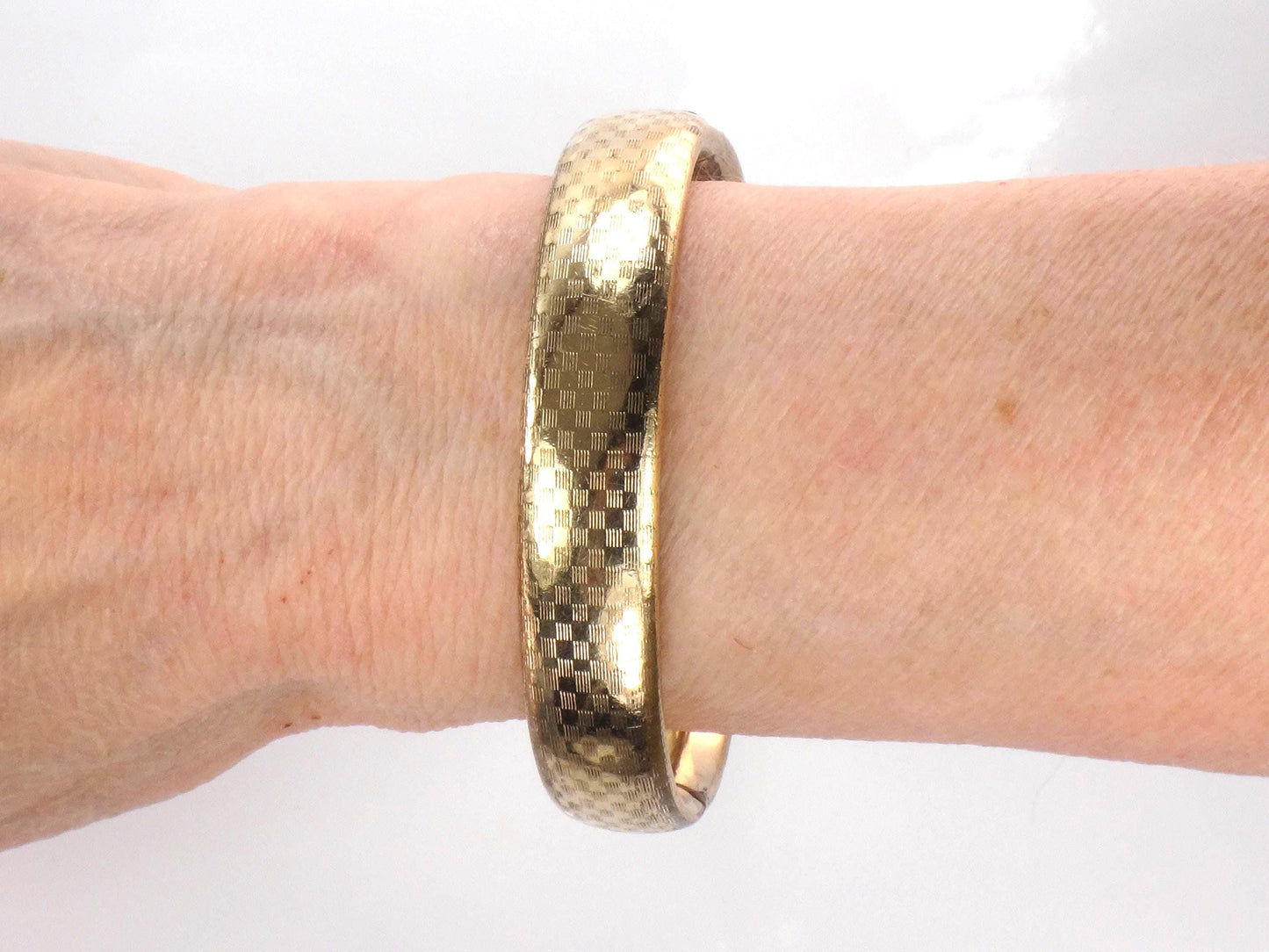 Vintage Hinged Bangle Bracelet with Checkerboard Finish: Rolled Gold Plate FTP Co