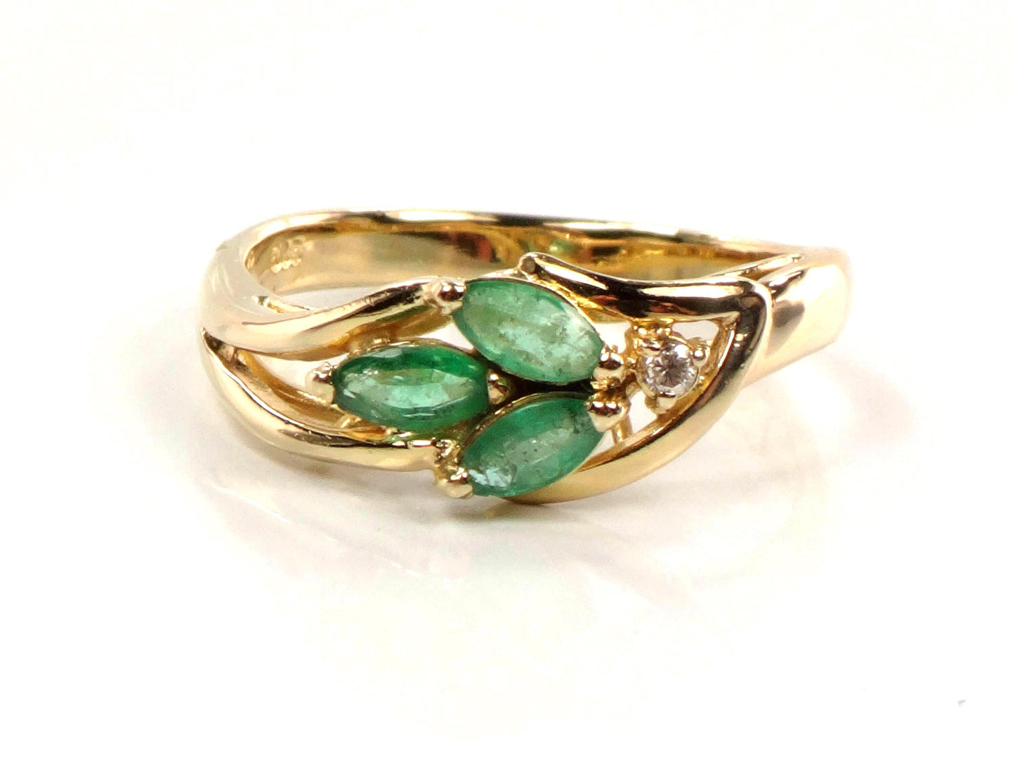 Vintage 14k Yellow Gold Emerald and Diamond Ring, Size 7.5