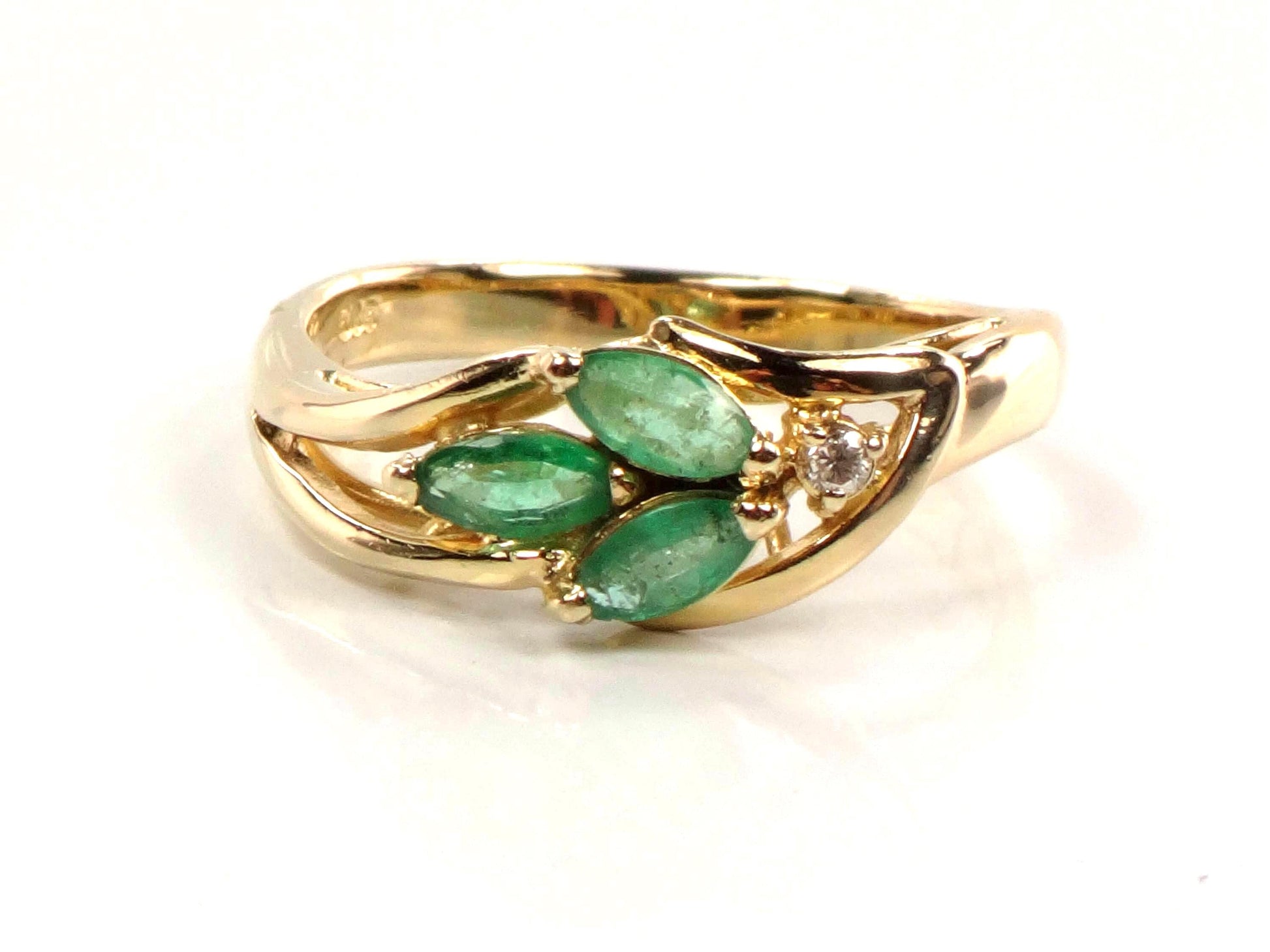 Vintage 14k Yellow Gold Emerald and Diamond Ring, Size 7.5