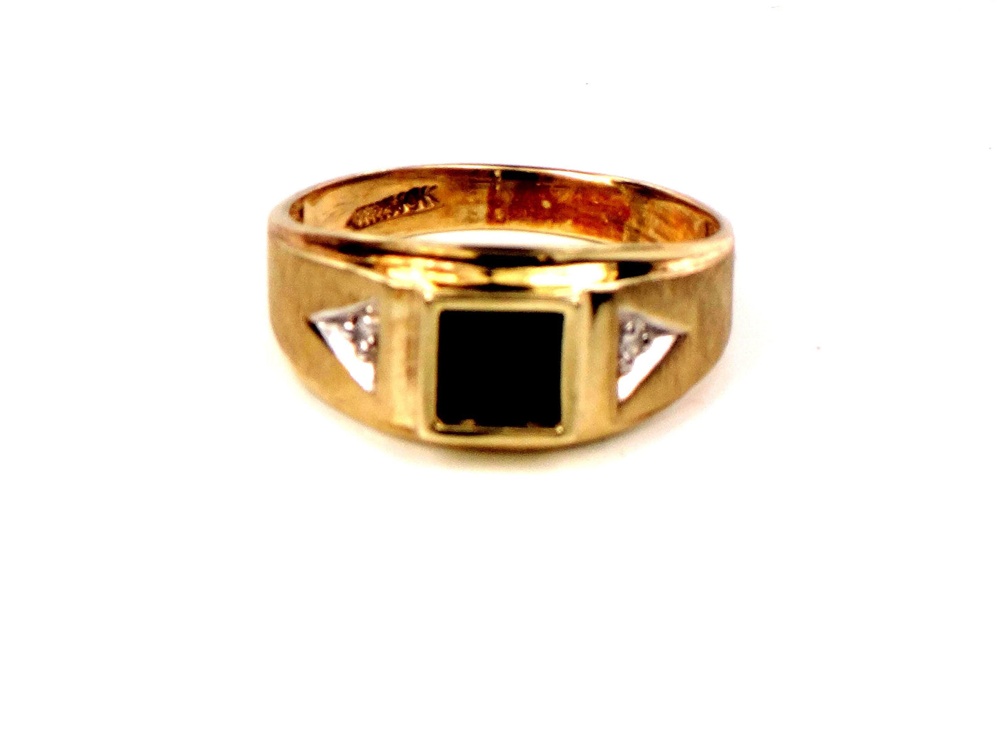Vintage Men's 10k Yellow Gold Onyx Diamond Ring, Size 10