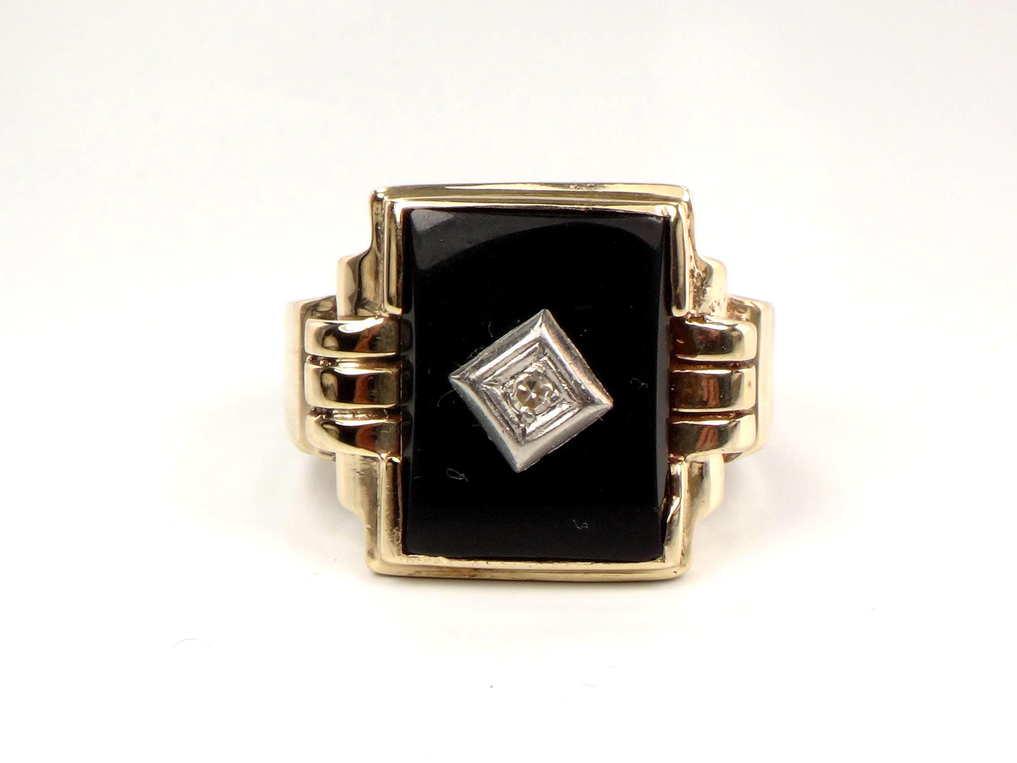 Vintage 10k Yellow Gold Rectangle Onyx and Diamond Ring: Men's, Size 10.25