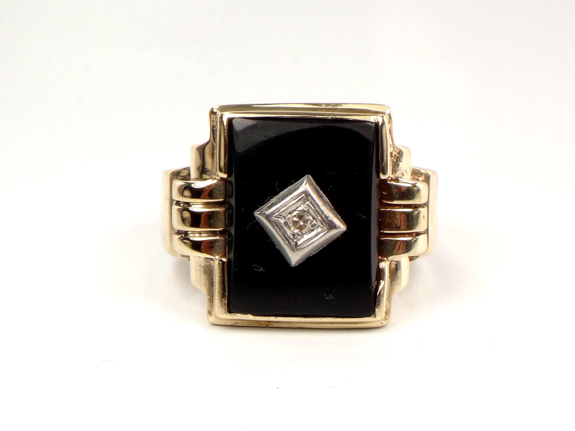 Vintage 10k Yellow Gold Rectangle Onyx and Diamond Ring: Men's, Size 10.25