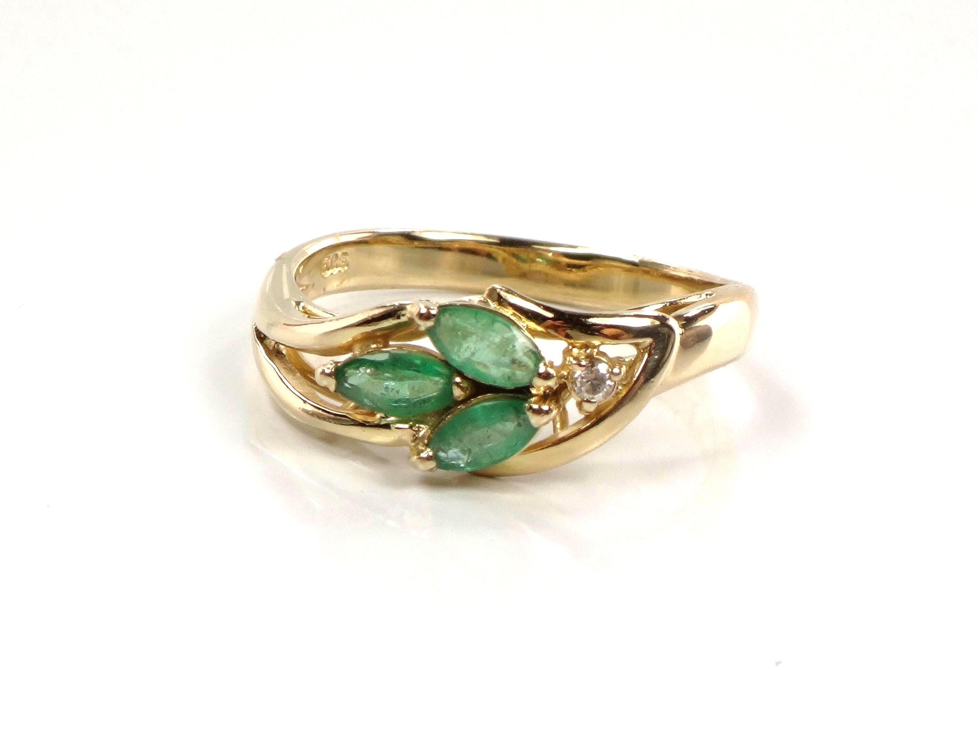 Vintage 14k Yellow Gold Emerald and Diamond Ring, Size 7.5