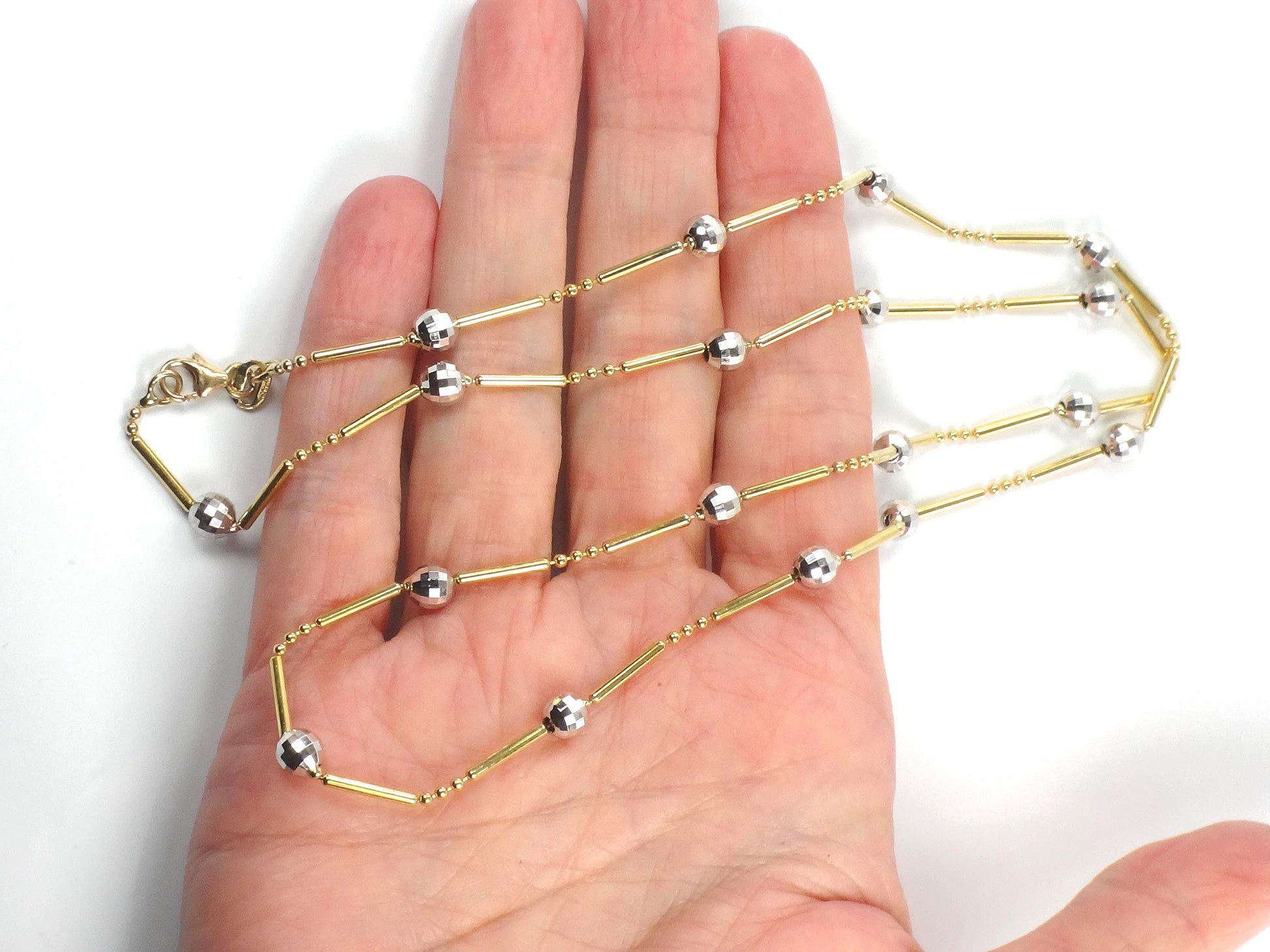 Vintage 14k Two Tone Gold Gold Station Necklace, 24" Ball Chain