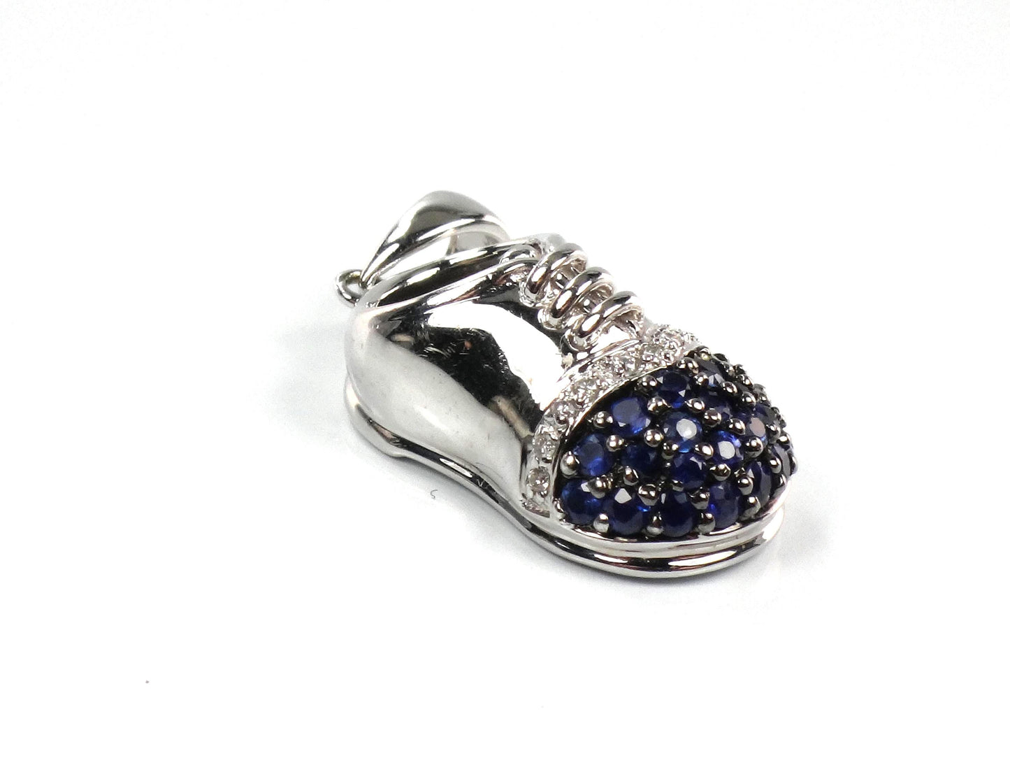 Vintage 14k White Gold Sapphire Diamond Baby Shoe Pendant, Bootie Charm for Mother