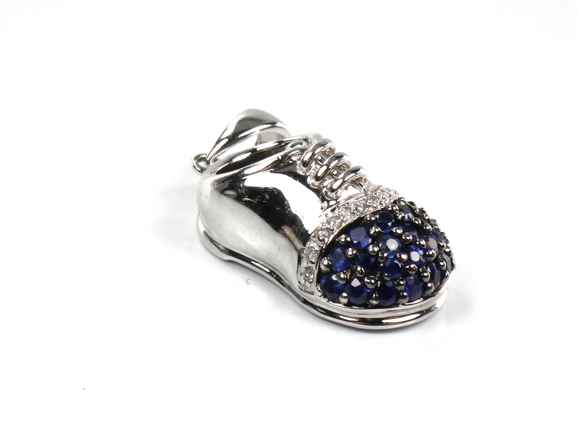 Vintage 14k White Gold Sapphire Diamond Baby Shoe Pendant, Bootie Charm for Mother