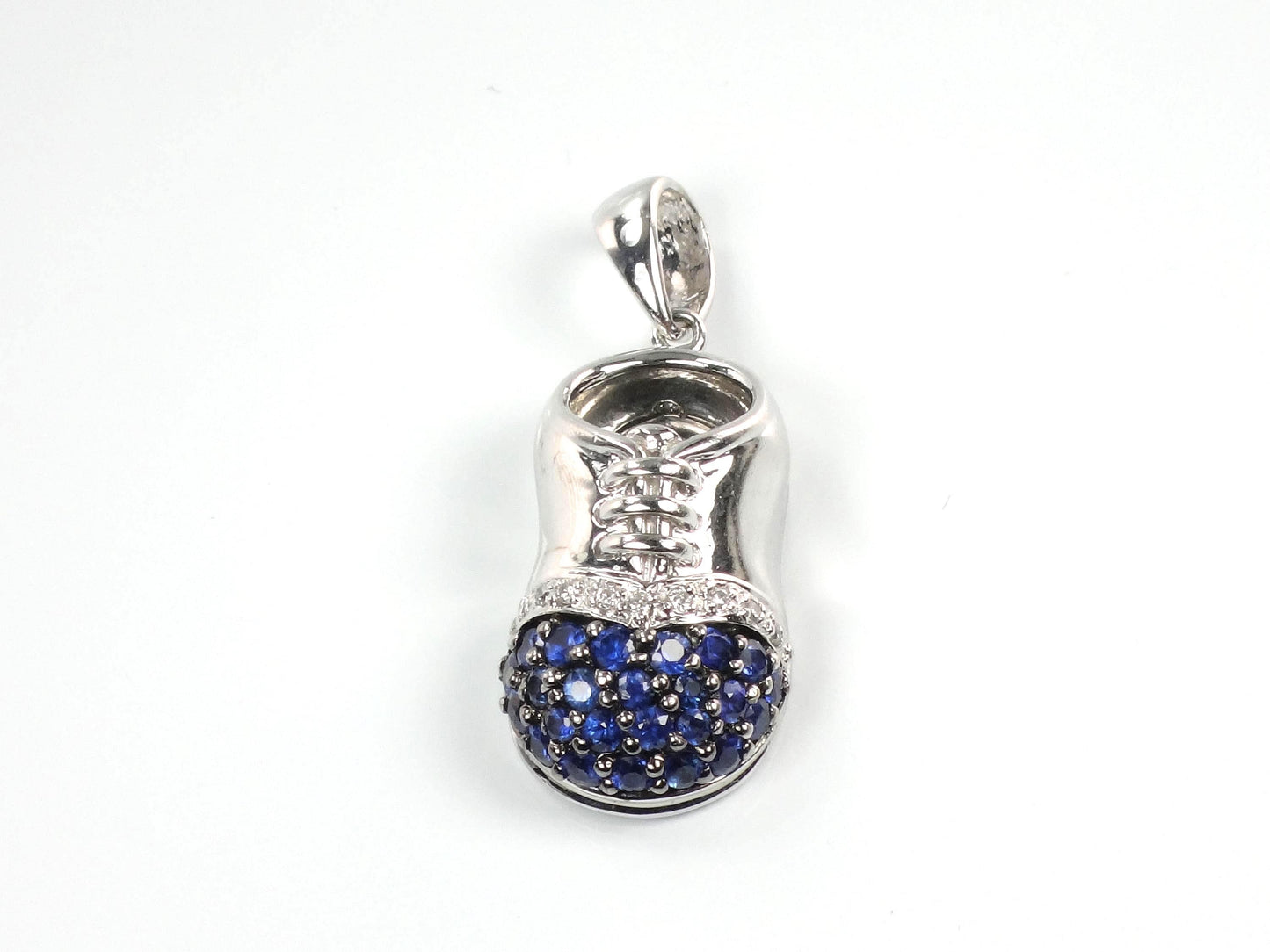 Vintage 14k White Gold Sapphire Diamond Baby Shoe Pendant, Bootie Charm for Mother