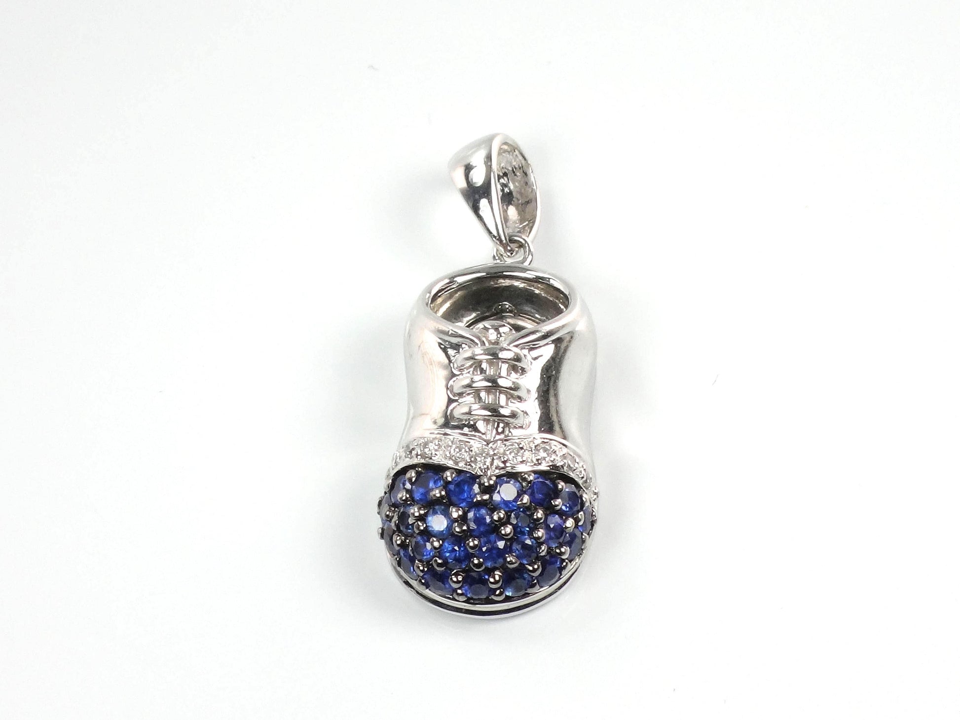 Vintage 14k White Gold Sapphire Diamond Baby Shoe Pendant, Bootie Charm for Mother