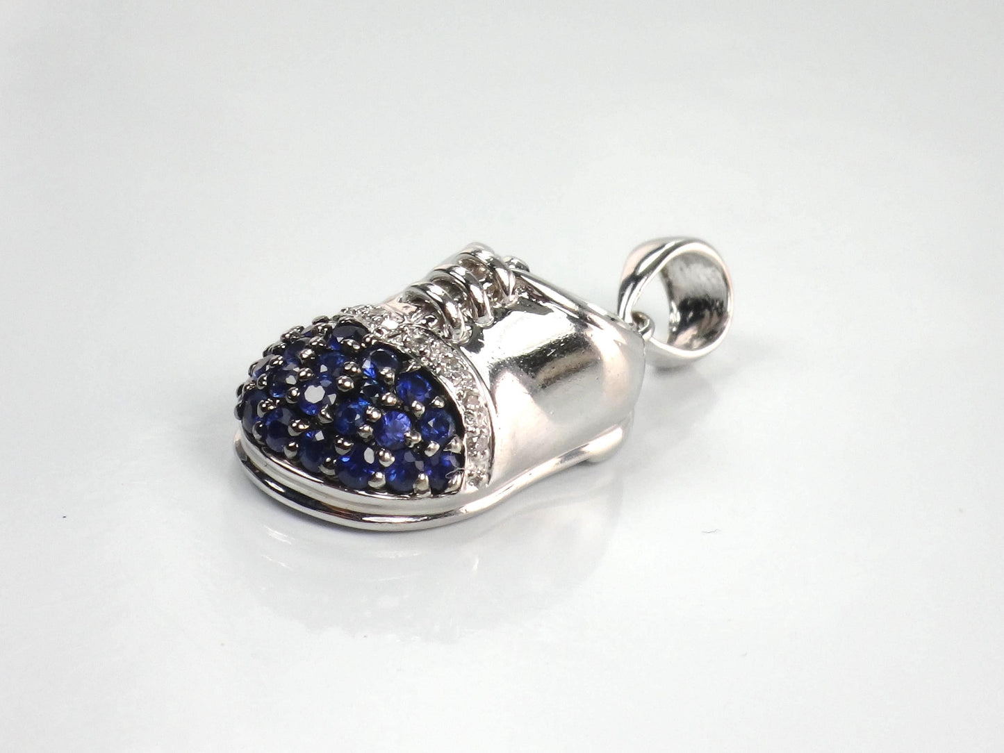 Vintage 14k White Gold Sapphire Diamond Baby Shoe Pendant, Bootie Charm for Mother