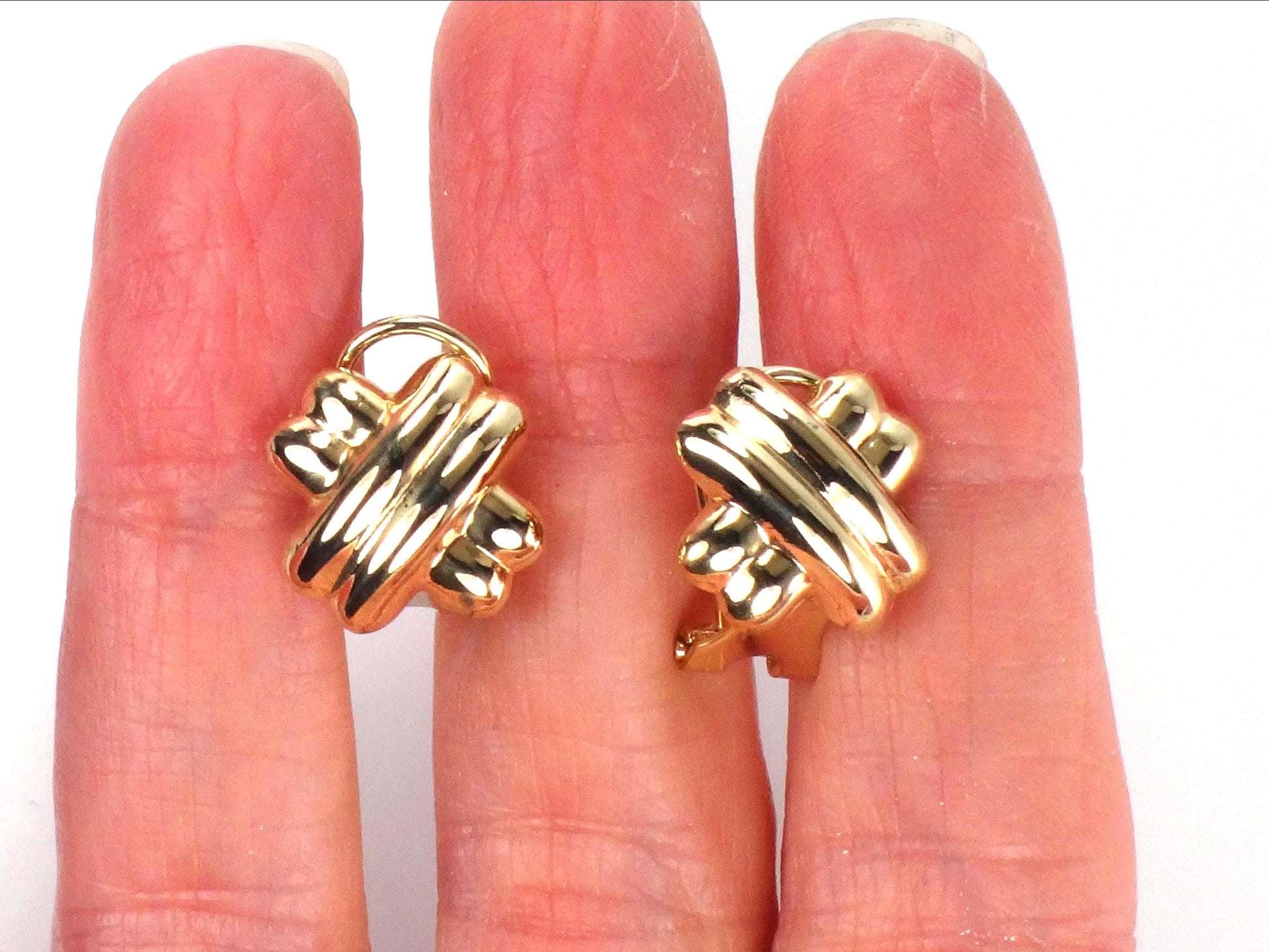 Vintage 14k Yellow Gold Puffed X Stud Earrings with Omega Backs