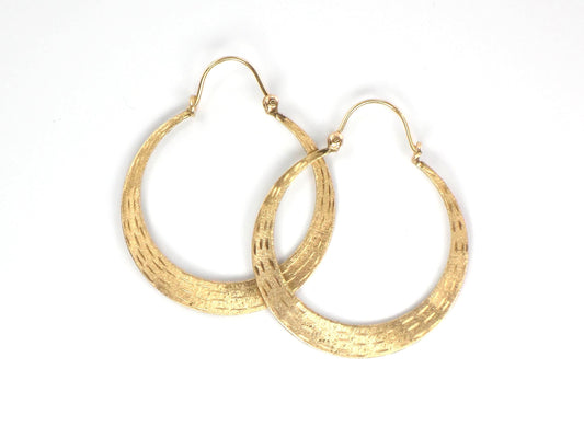 Vintage 14k Yellow Gold Round Hoop Earrings, 1 1/8" Diamond Cut Flat Solid Hoops