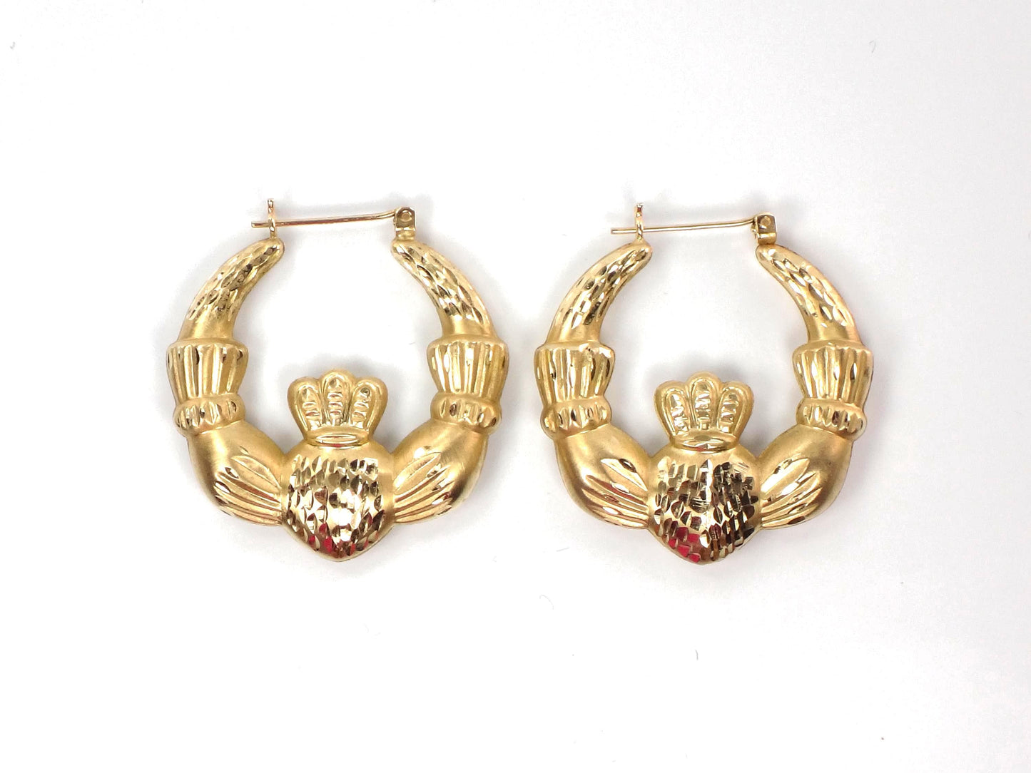 14k Yellow Gold Claddagh Hoop Earrings: Vintage, Large 1 1/4"