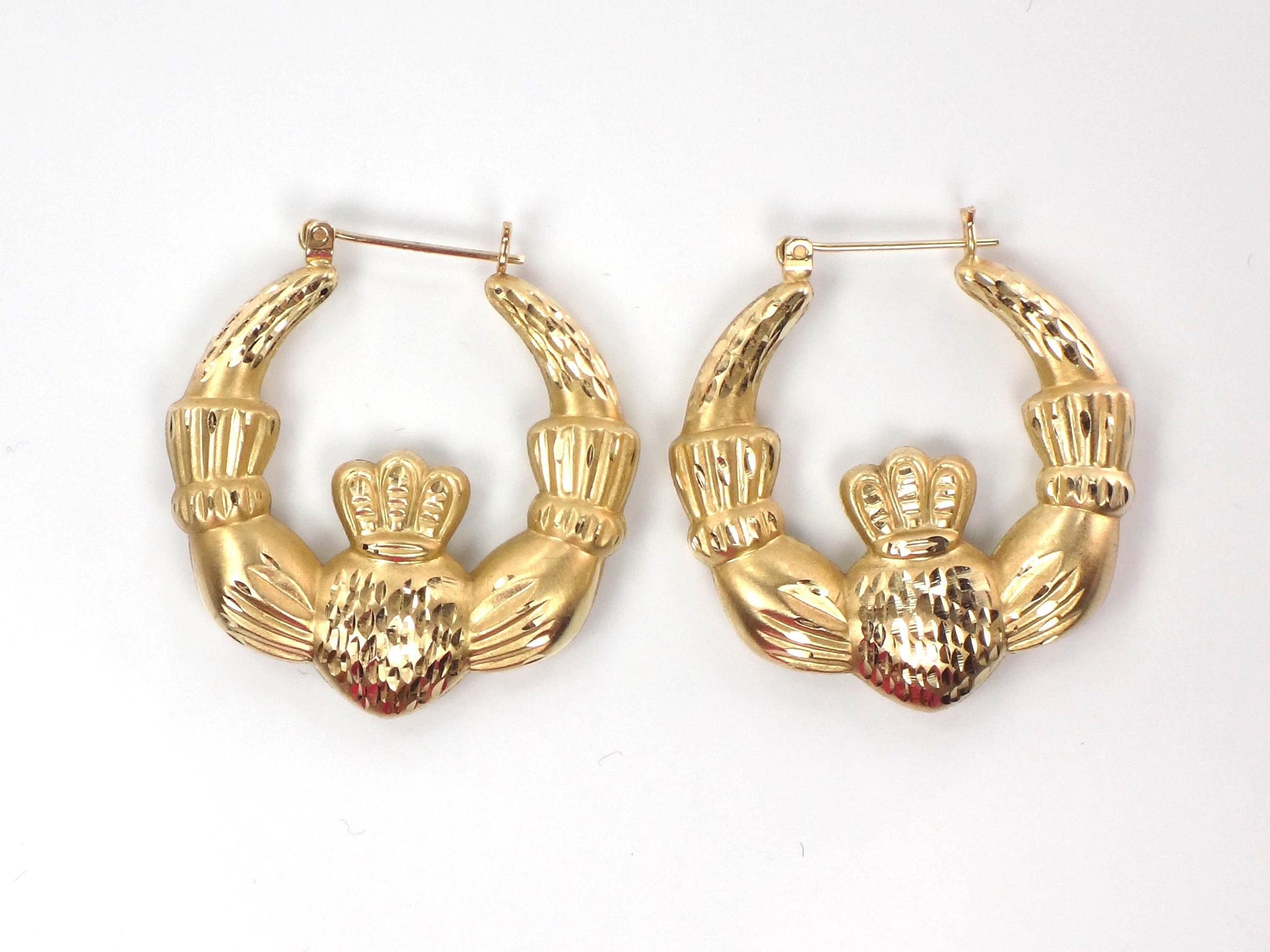 14k Yellow Gold Claddagh Hoop Earrings: Vintage, Large 1 1/4"