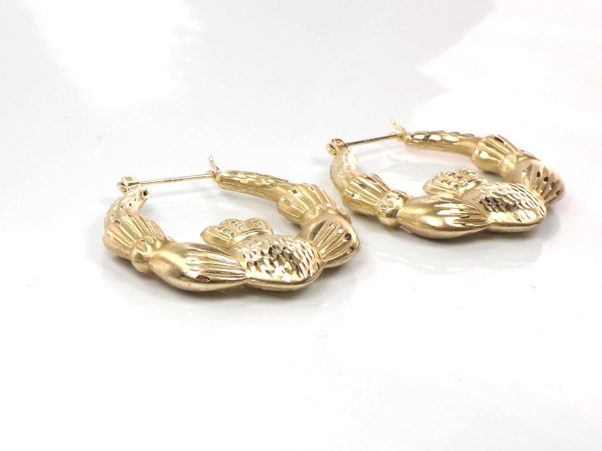 14k Yellow Gold Claddagh Hoop Earrings: Vintage, Large 1 1/4"