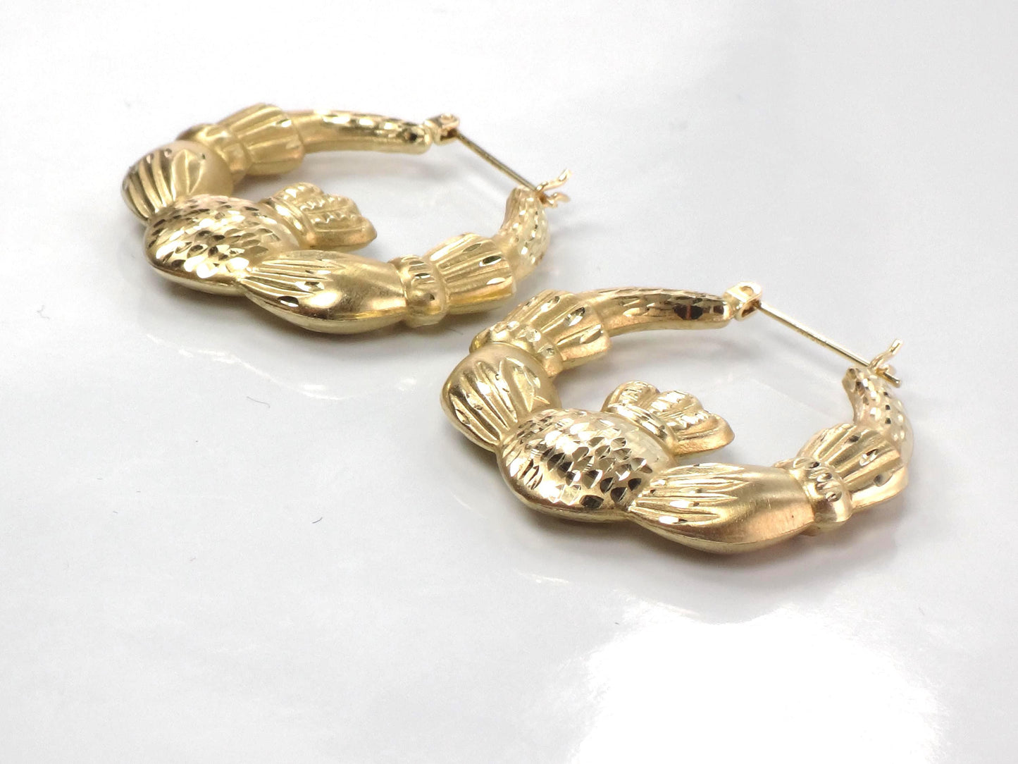 14k Yellow Gold Claddagh Hoop Earrings: Vintage, Large 1 1/4"