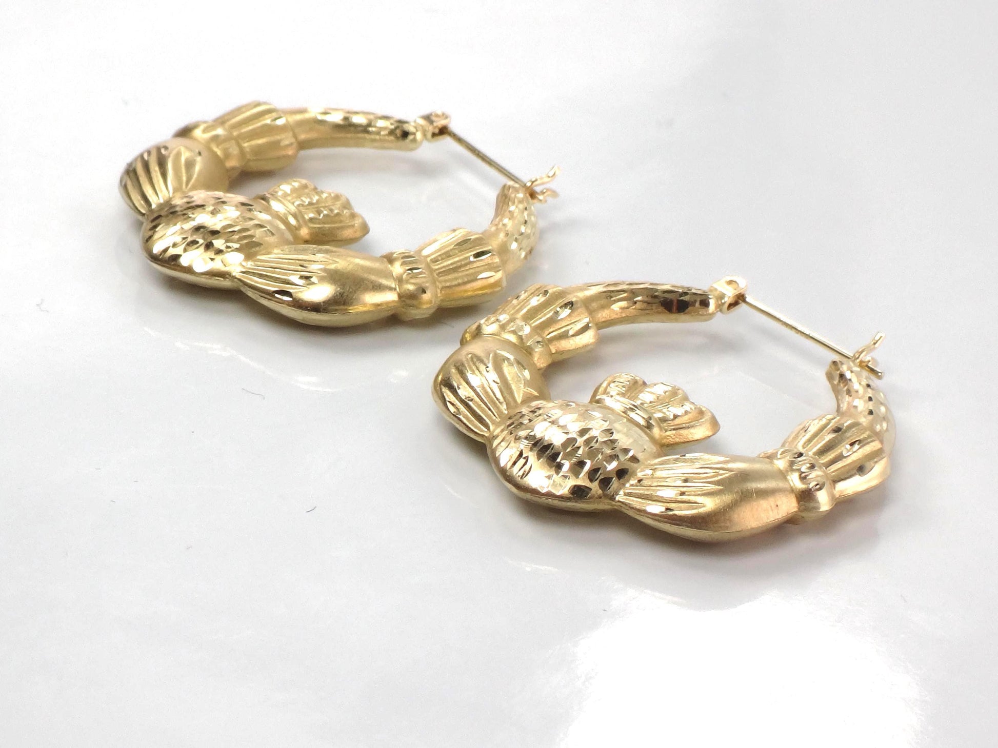 14k Yellow Gold Claddagh Hoop Earrings: Vintage, Large 1 1/4"