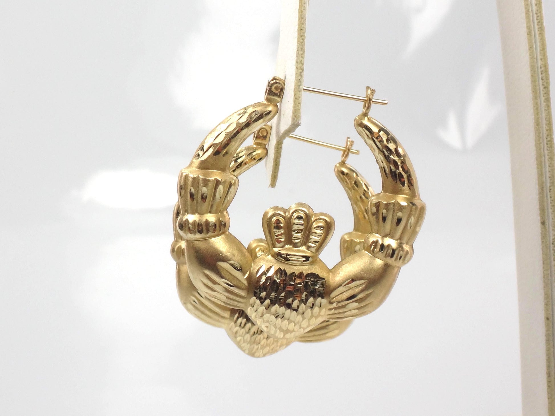 14k Yellow Gold Claddagh Hoop Earrings: Vintage, Large 1 1/4"