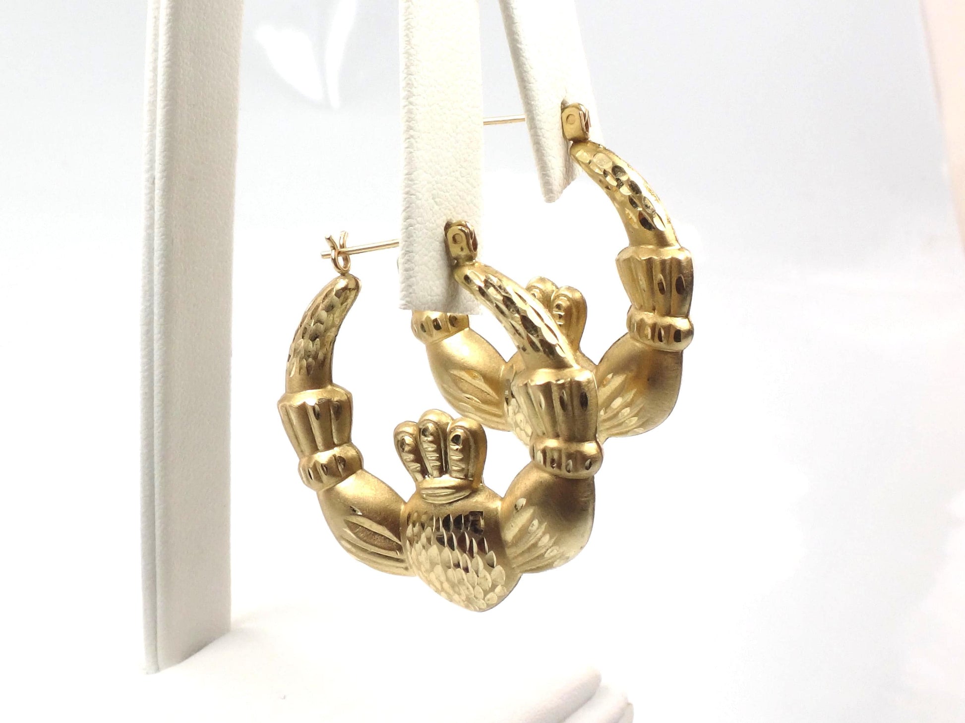 14k Yellow Gold Claddagh Hoop Earrings: Vintage, Large 1 1/4"