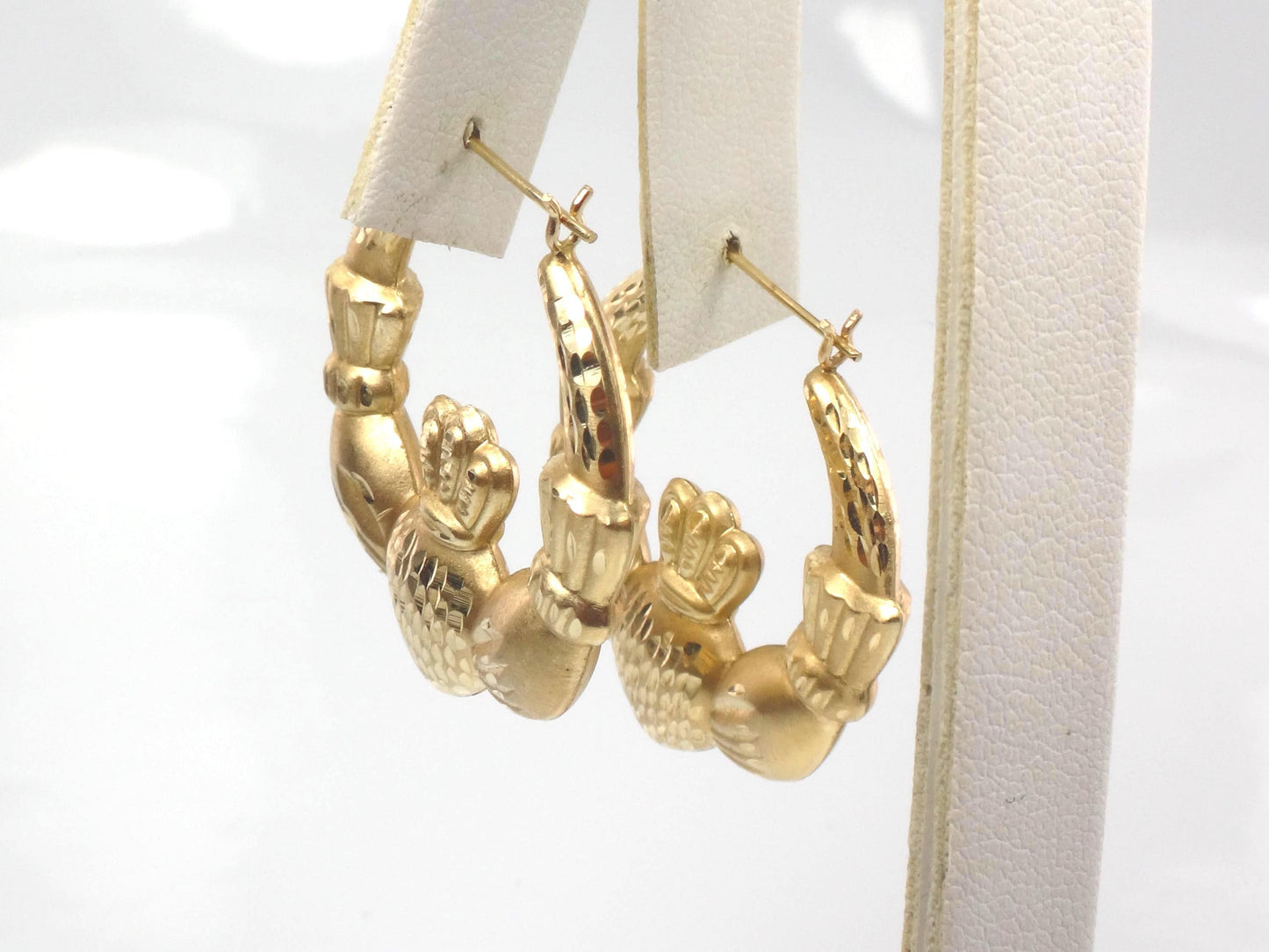 14k Yellow Gold Claddagh Hoop Earrings: Vintage, Large 1 1/4"
