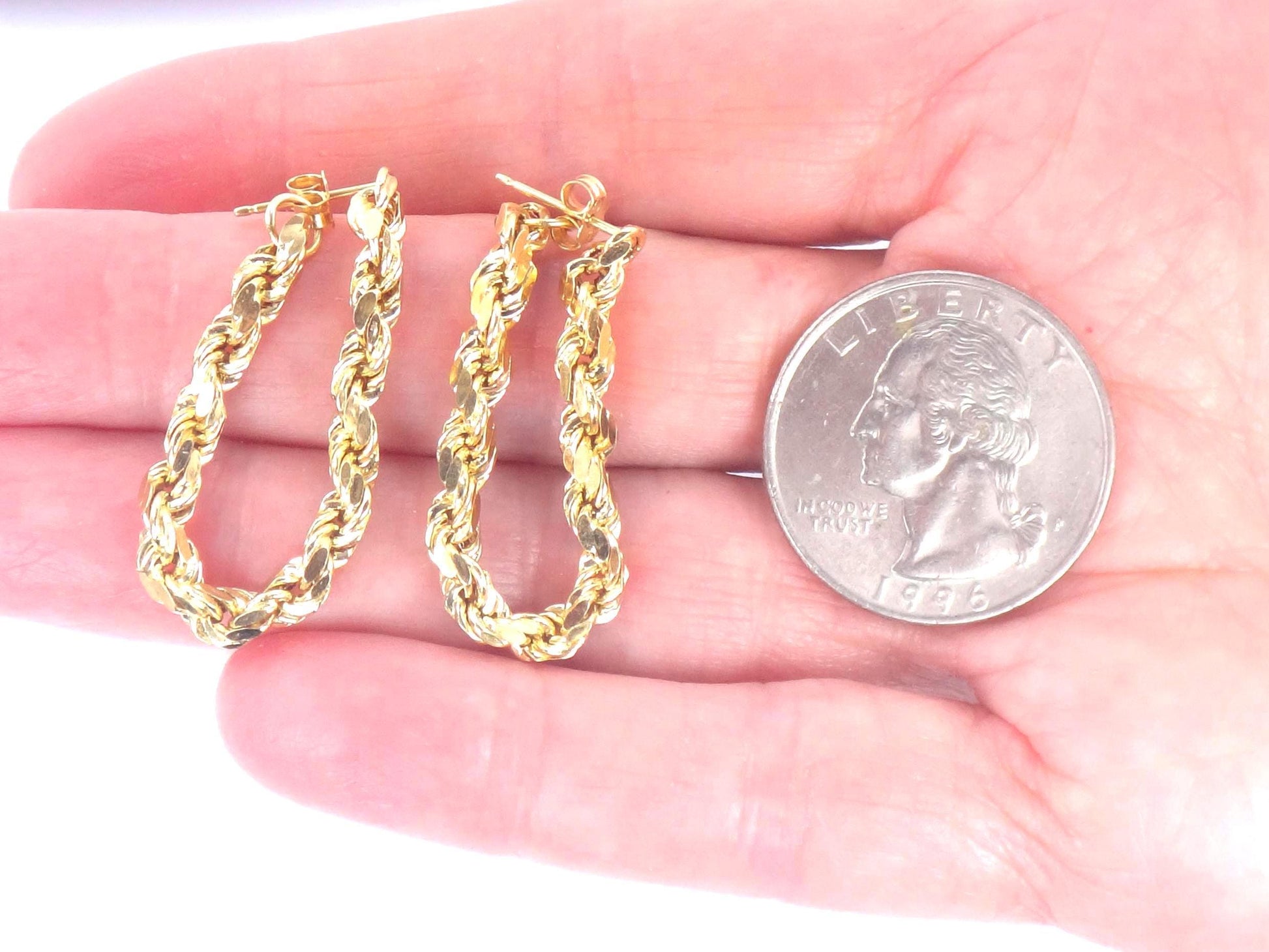 Vintage 14k Yellow Gold Rope Chain Hoop Earrings, Circa 1990s