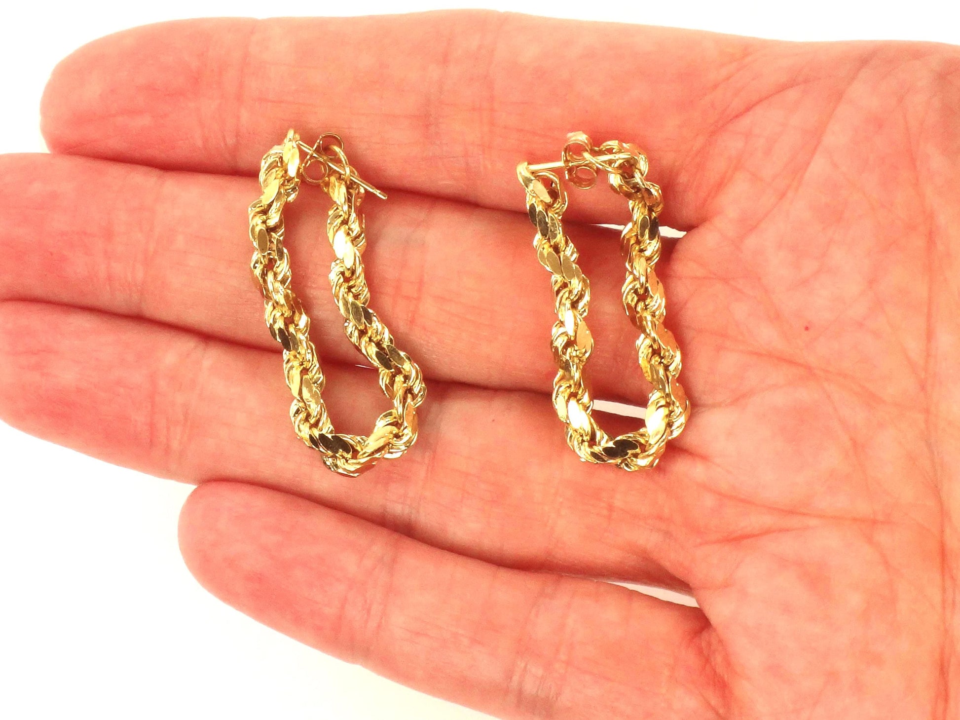 Vintage 14k Yellow Gold Rope Chain Hoop Earrings, Circa 1990s