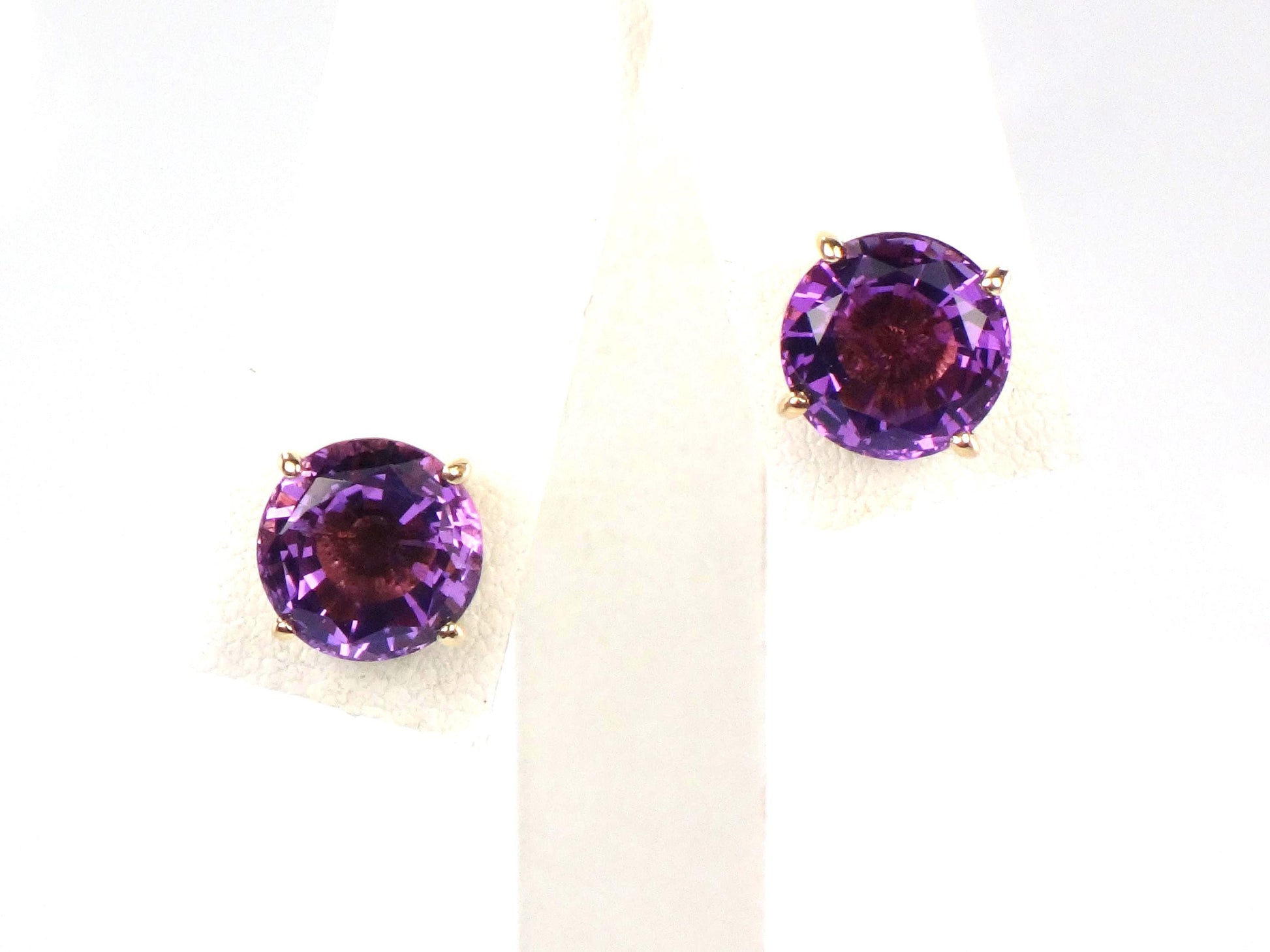 Vintage 14k Yellow Gold Round Amethyst Stud Earrings: 8 MM, February Birthstone