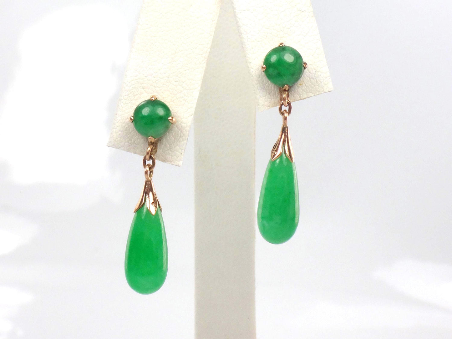 Vintage 14k Yellow Gold Green Jade Drop Earrings, Art Deco Style