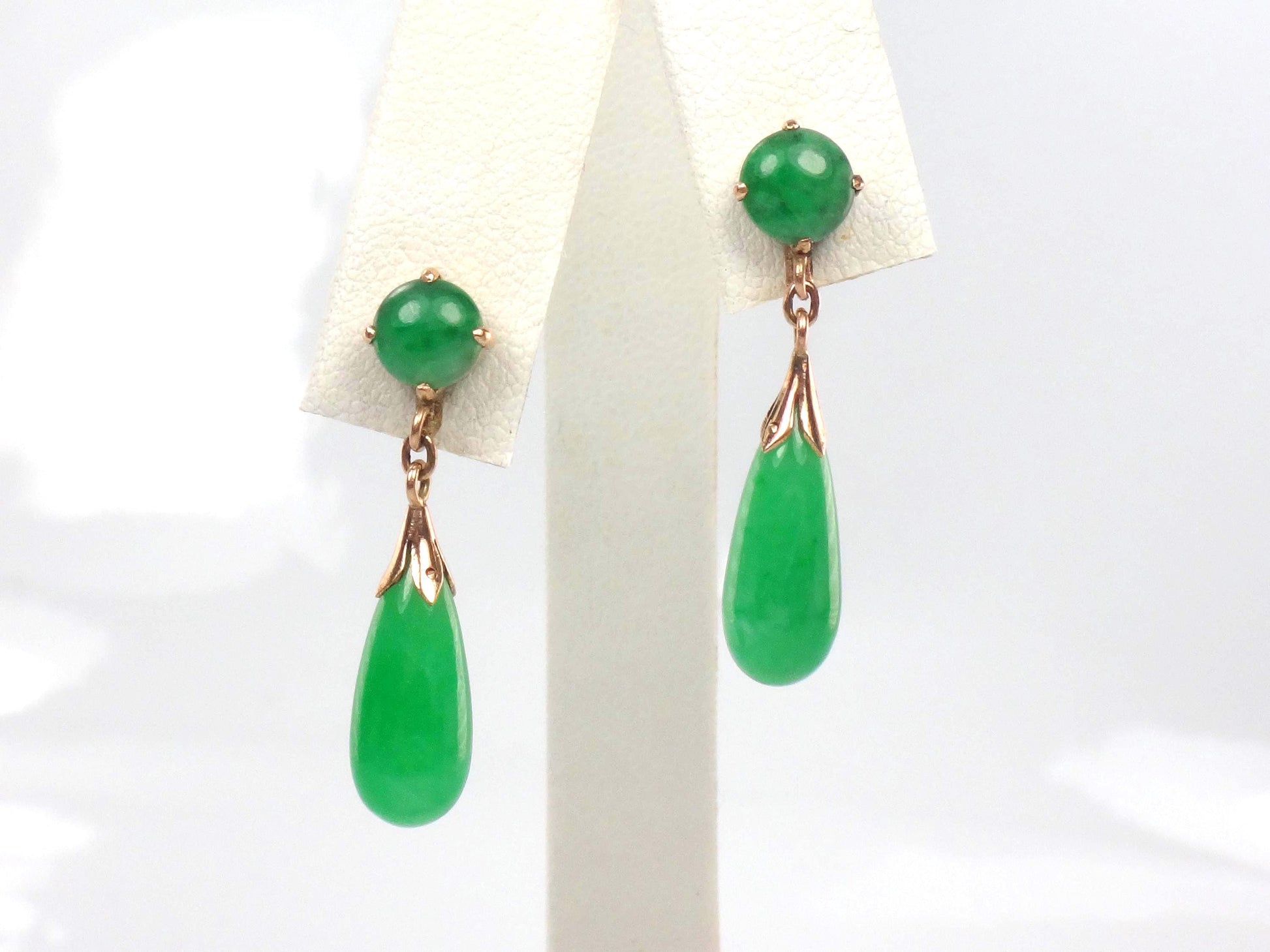 Vintage 14k Yellow Gold Green Jade Drop Earrings, Art Deco Style