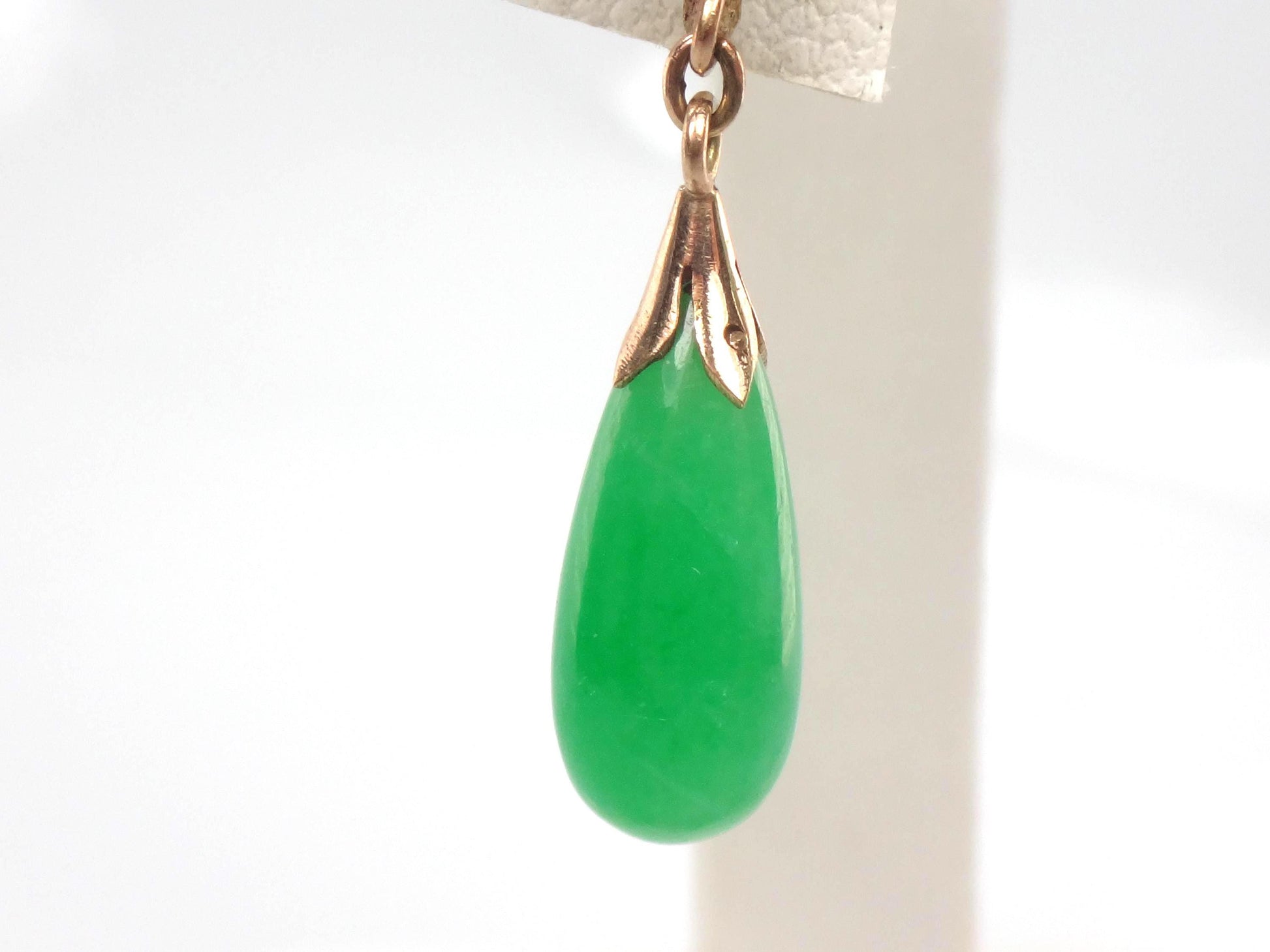 Vintage 14k Yellow Gold Green Jade Drop Earrings, Art Deco Style