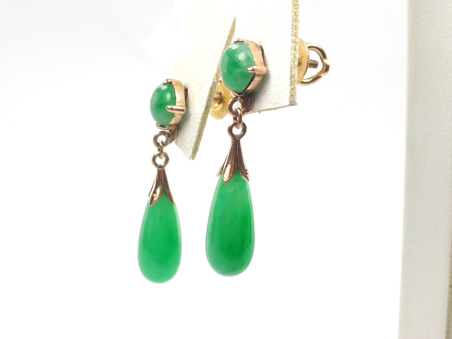 Vintage 14k Yellow Gold Green Jade Drop Earrings, Art Deco Style