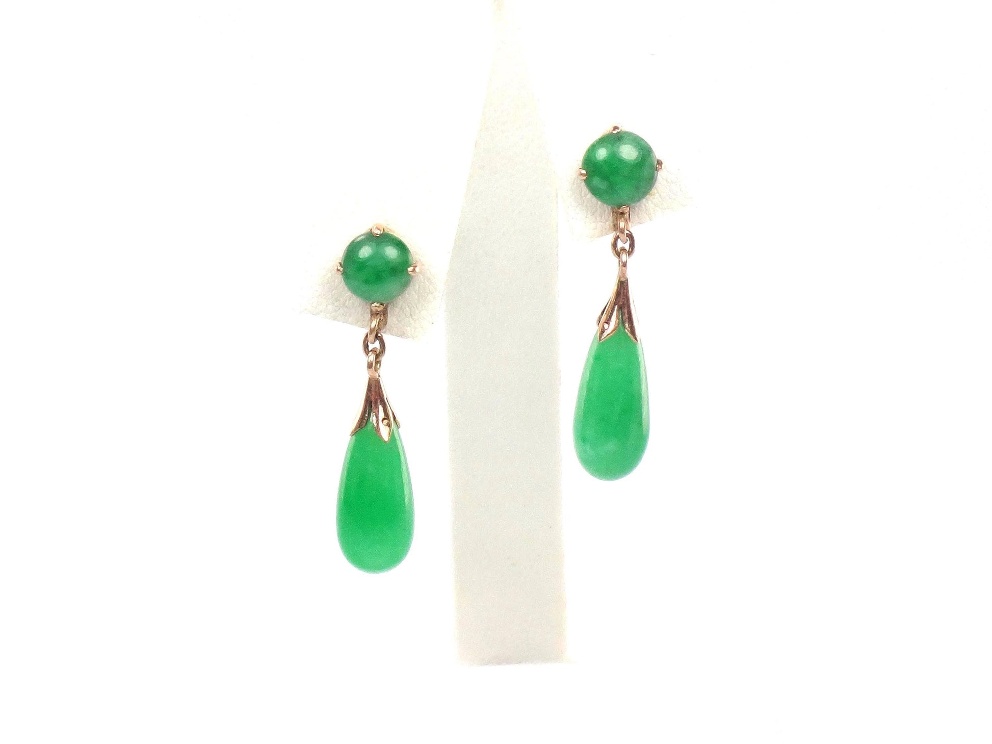 Vintage 14k Yellow Gold Green Jade Drop Earrings, Art Deco Style