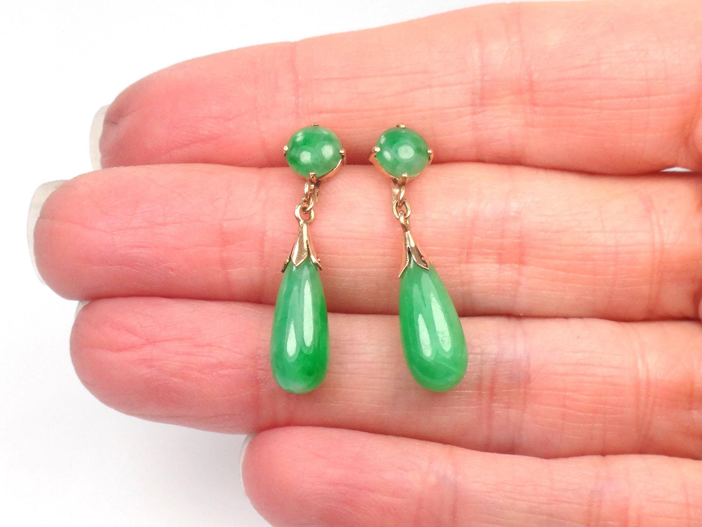 Vintage 14k Yellow Gold Green Jade Drop Earrings, Art Deco Style