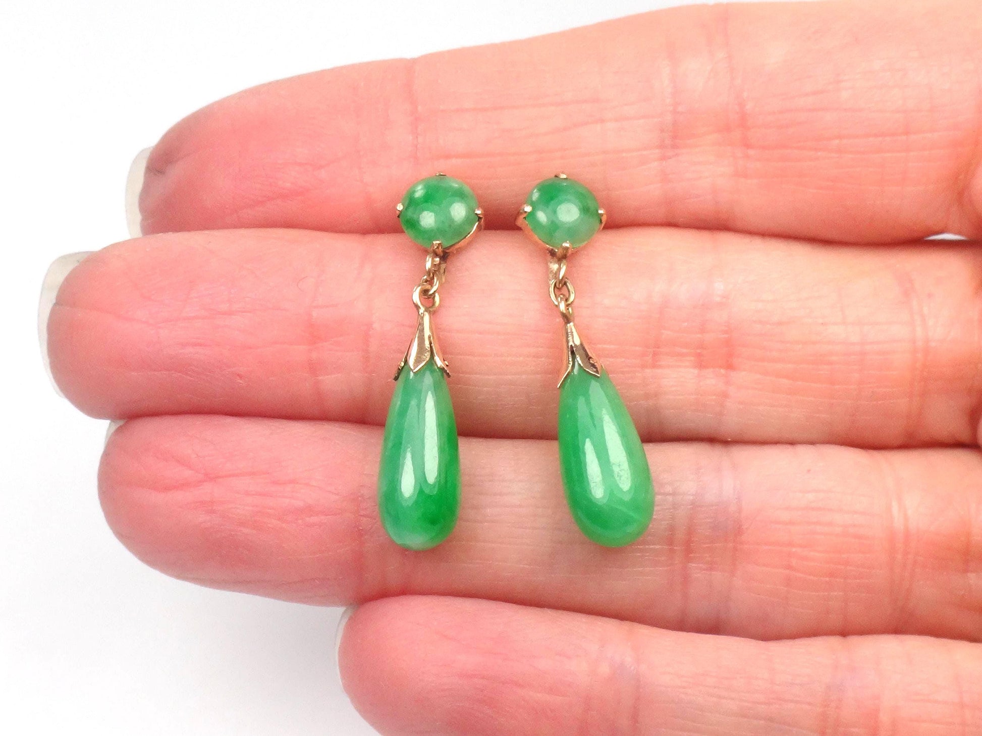 Vintage 14k Yellow Gold Green Jade Drop Earrings, Art Deco Style