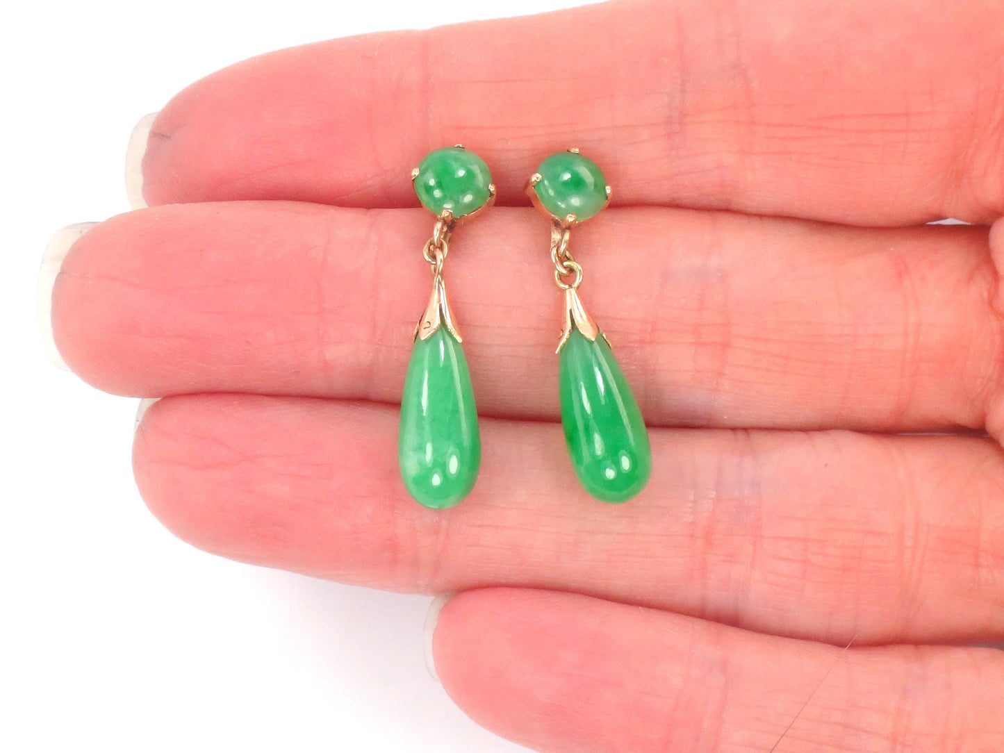 Vintage 14k Yellow Gold Green Jade Drop Earrings, Art Deco Style