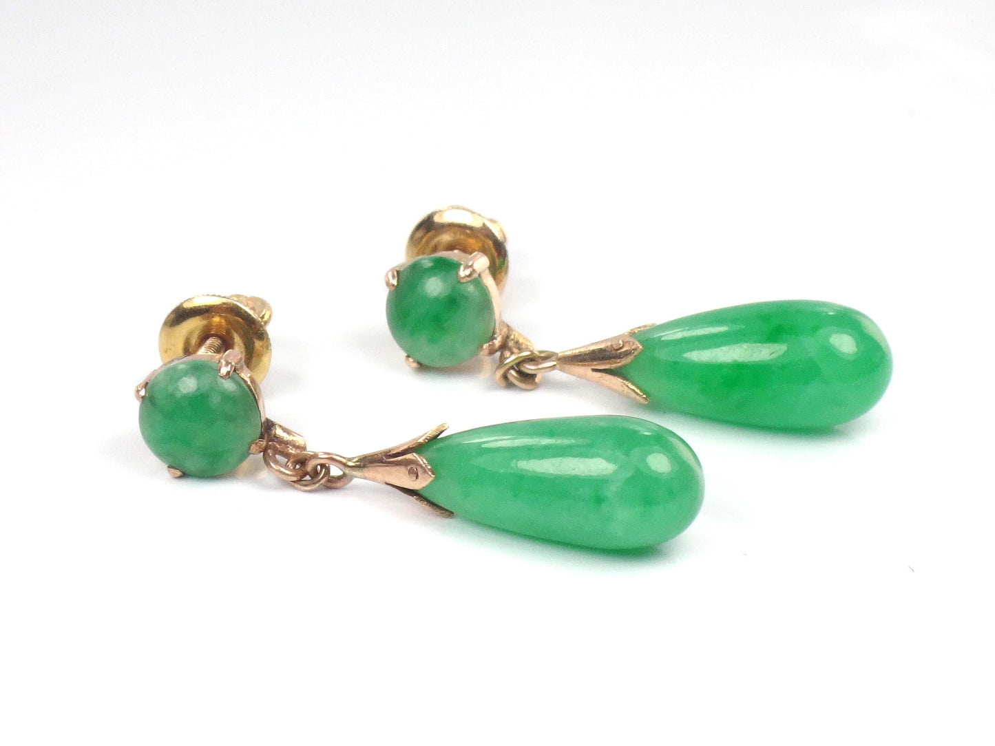 Vintage 14k Yellow Gold Green Jade Drop Earrings, Art Deco Style