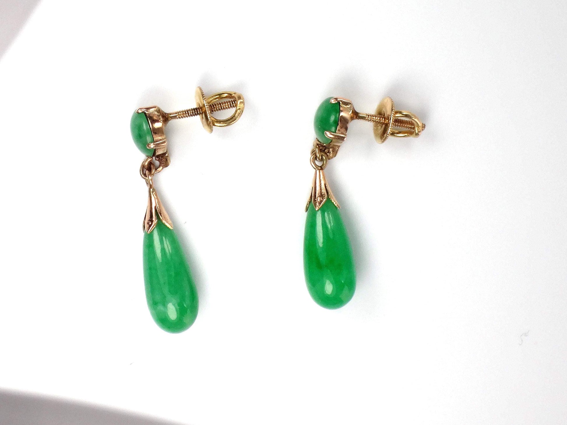 Vintage 14k Yellow Gold Green Jade Drop Earrings, Art Deco Style