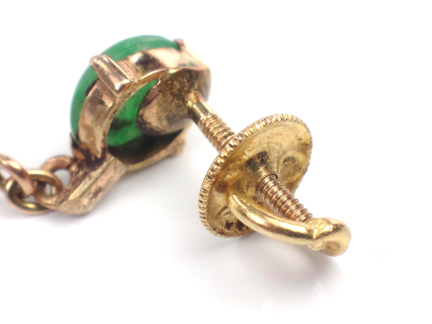 Vintage 14k Yellow Gold Green Jade Drop Earrings, Art Deco Style