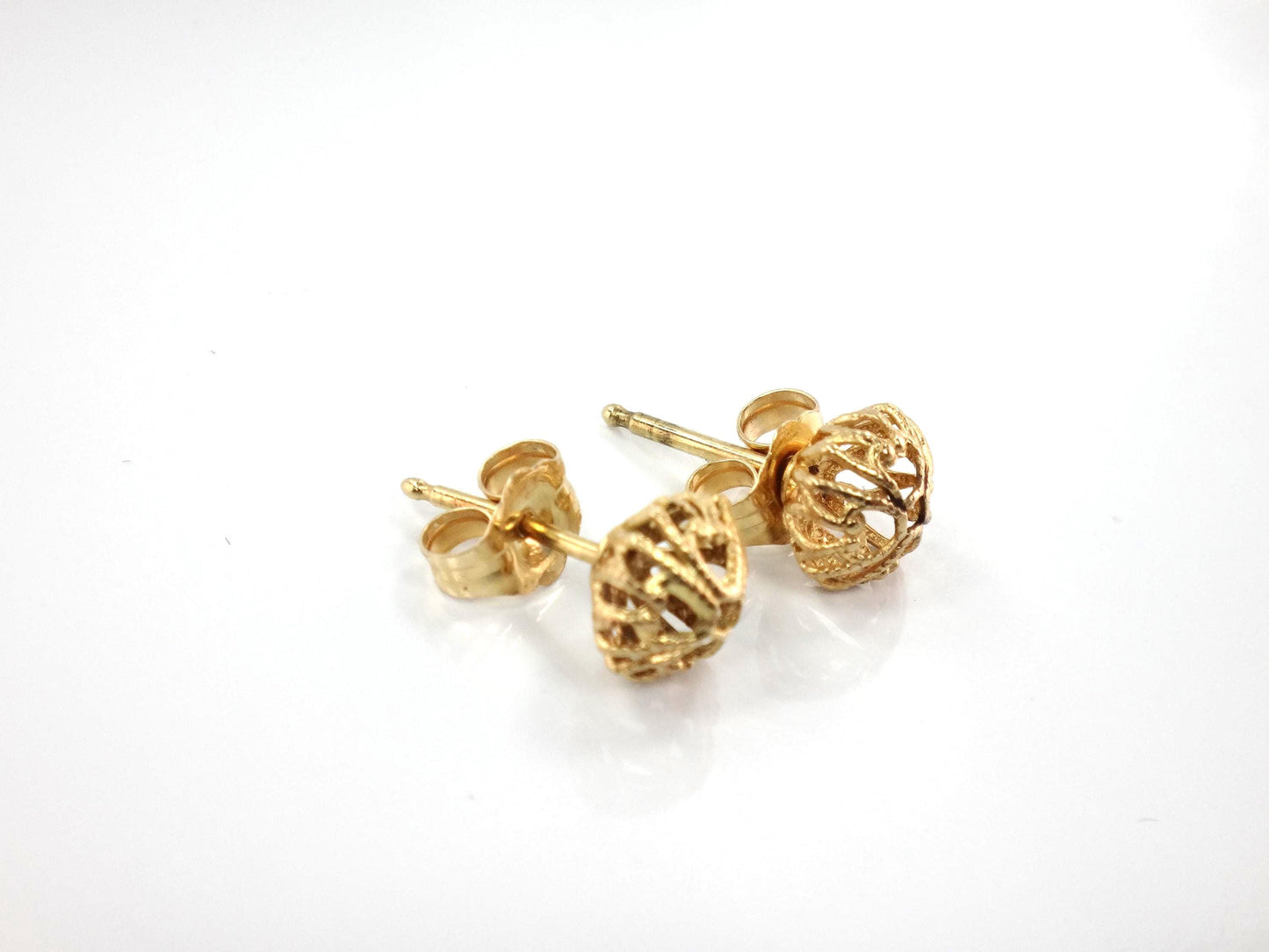 Vintage 14k Yellow Gold Ball Stud Earrings: Fancy Style, 7.6 MM