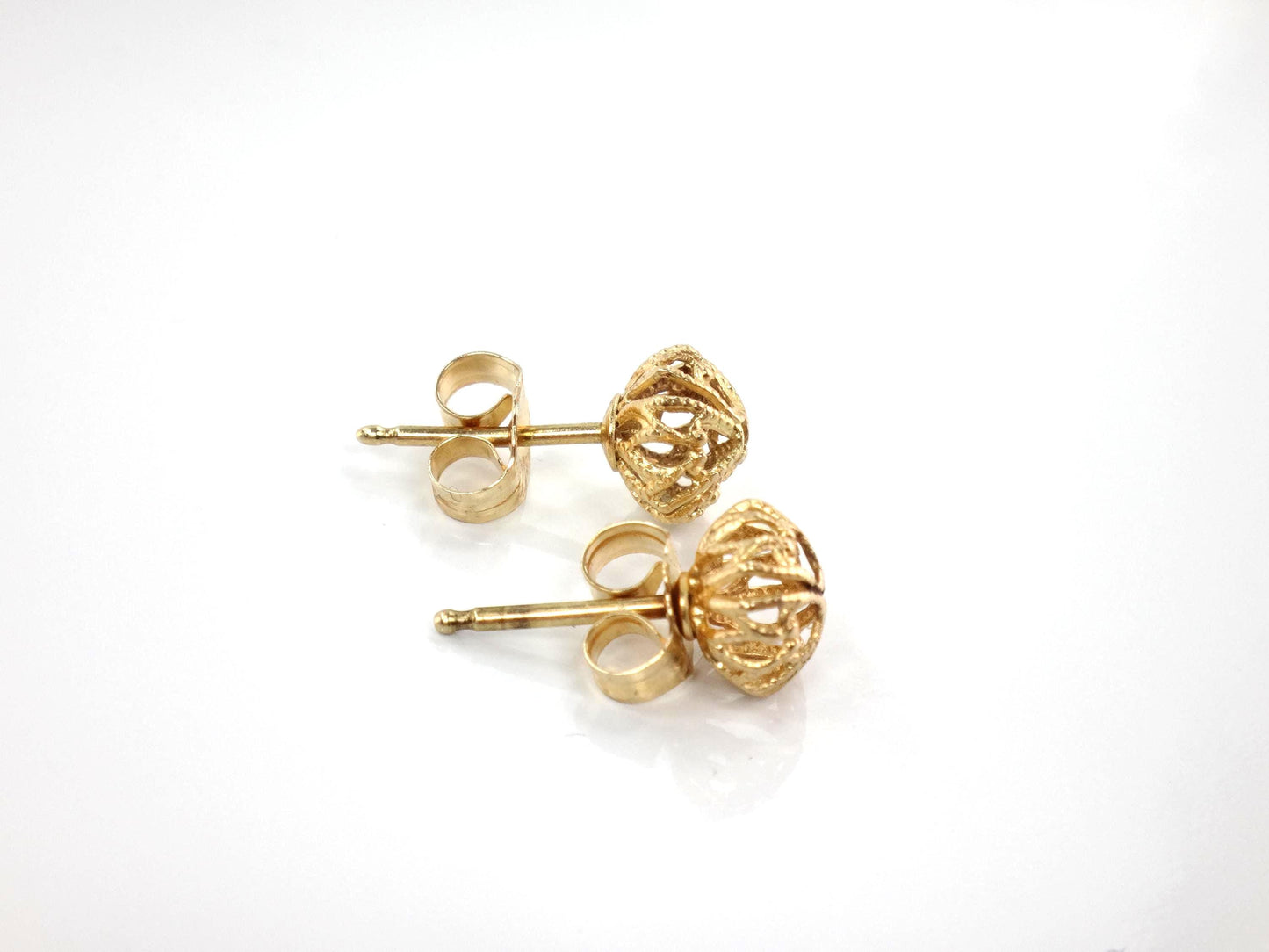 Vintage 14k Yellow Gold Ball Stud Earrings: Fancy Style, 7.6 MM