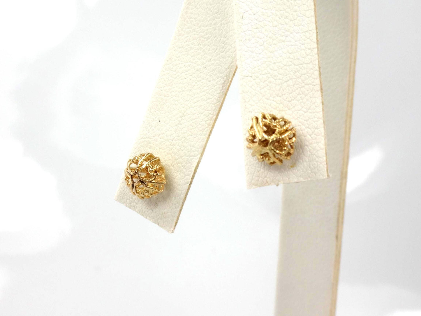 Vintage 14k Yellow Gold Ball Stud Earrings: Fancy Style, 7.6 MM