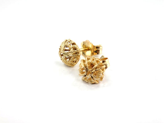 Vintage 14k Yellow Gold Ball Stud Earrings: Fancy Style, 7.6 MM
