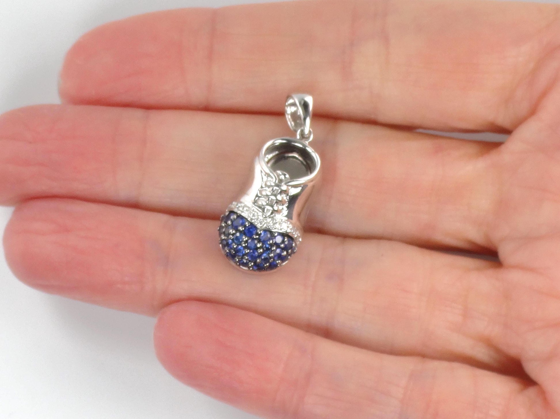 Vintage 14k White Gold Sapphire Diamond Baby Shoe Pendant, Bootie Charm for Mother