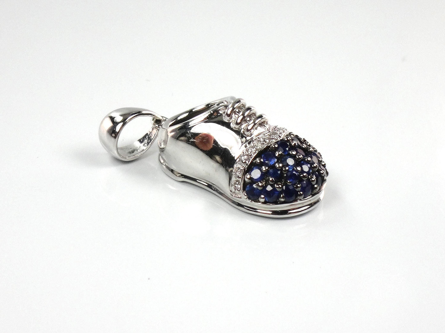 Vintage 14k White Gold Sapphire Diamond Baby Shoe Pendant, Bootie Charm for Mother