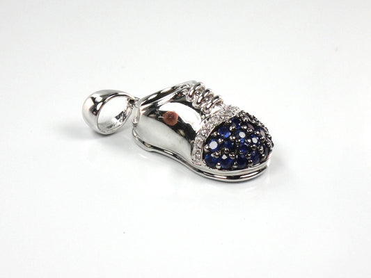 Vintage 14k White Gold Sapphire Diamond Baby Shoe Pendant, Bootie Charm for Mother