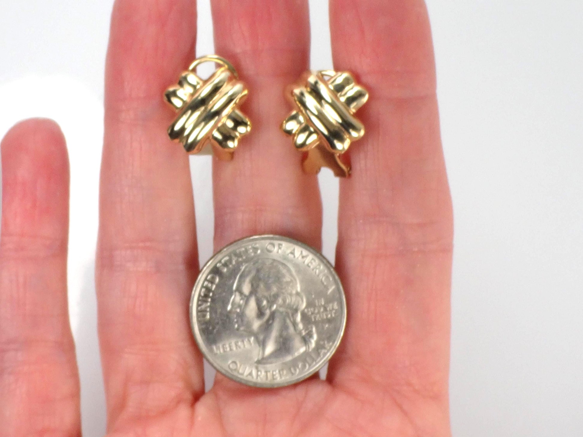 Vintage 14k Yellow Gold Puffed X Stud Earrings with Omega Backs