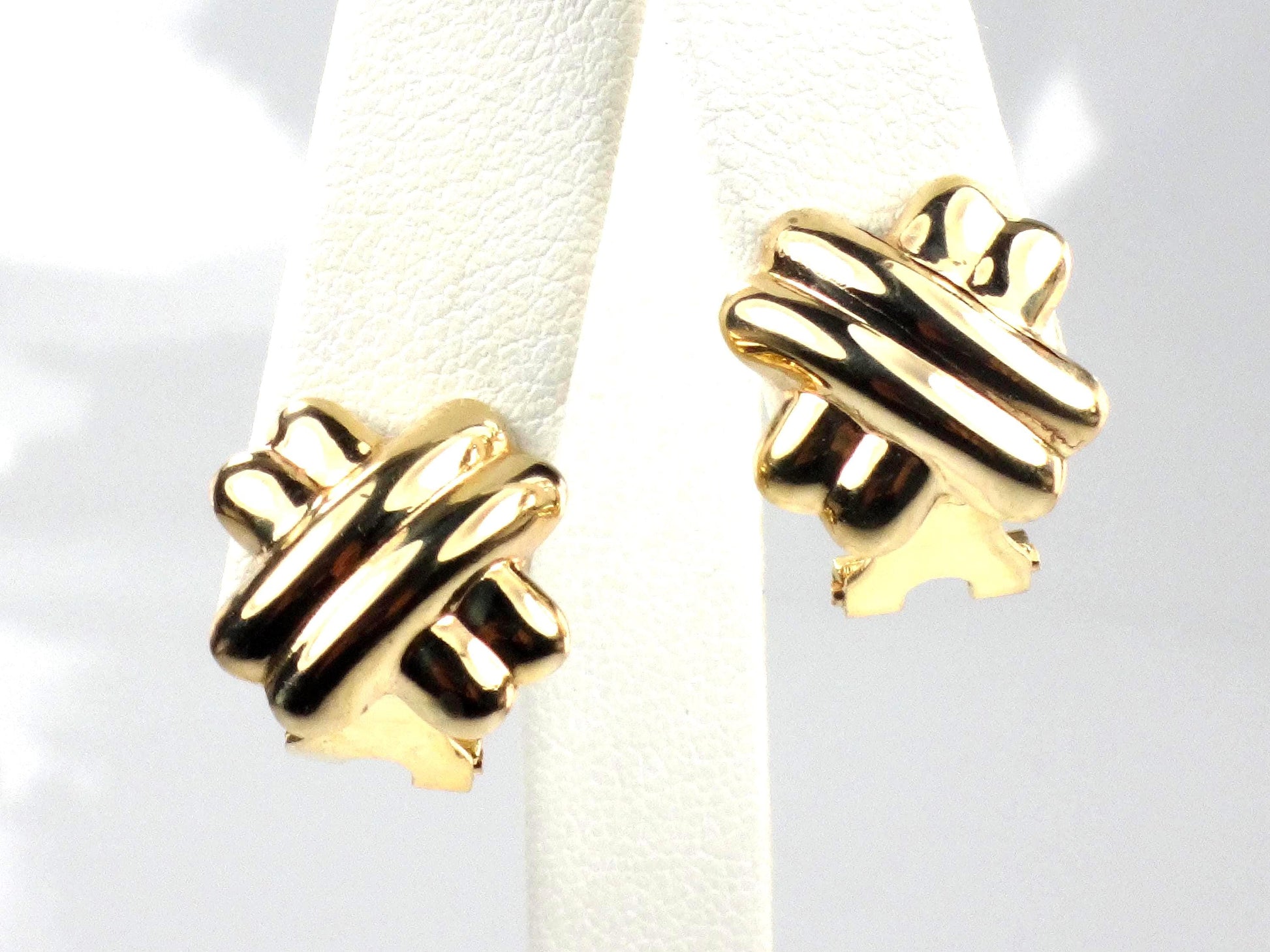 Vintage 14k Yellow Gold Puffed X Stud Earrings with Omega Backs