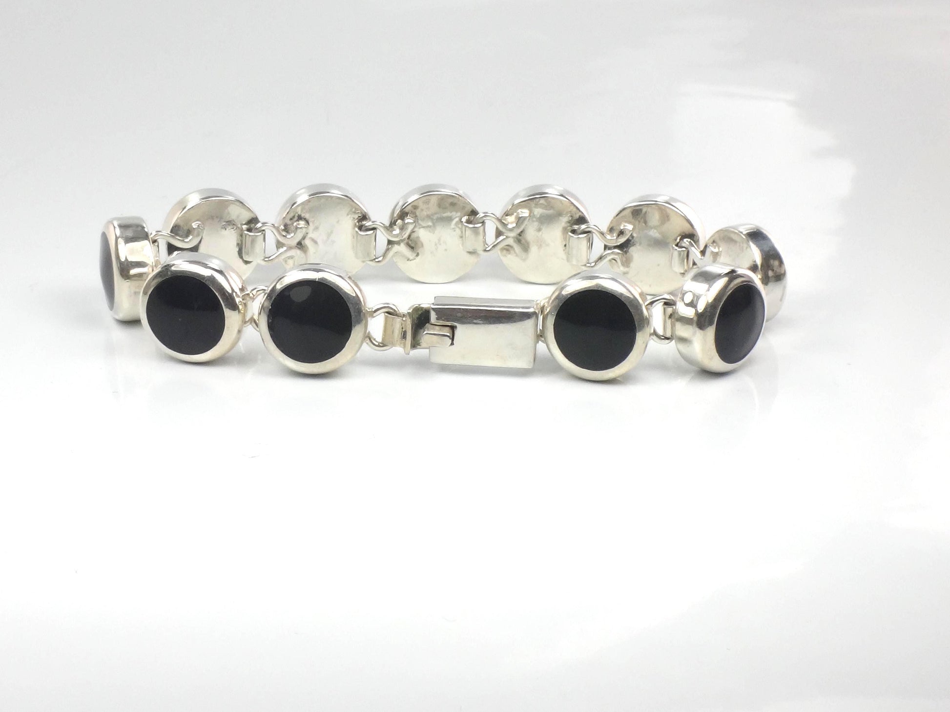 Vintage Sterling Silver Black Onyx Bracelet, Mexico 7"