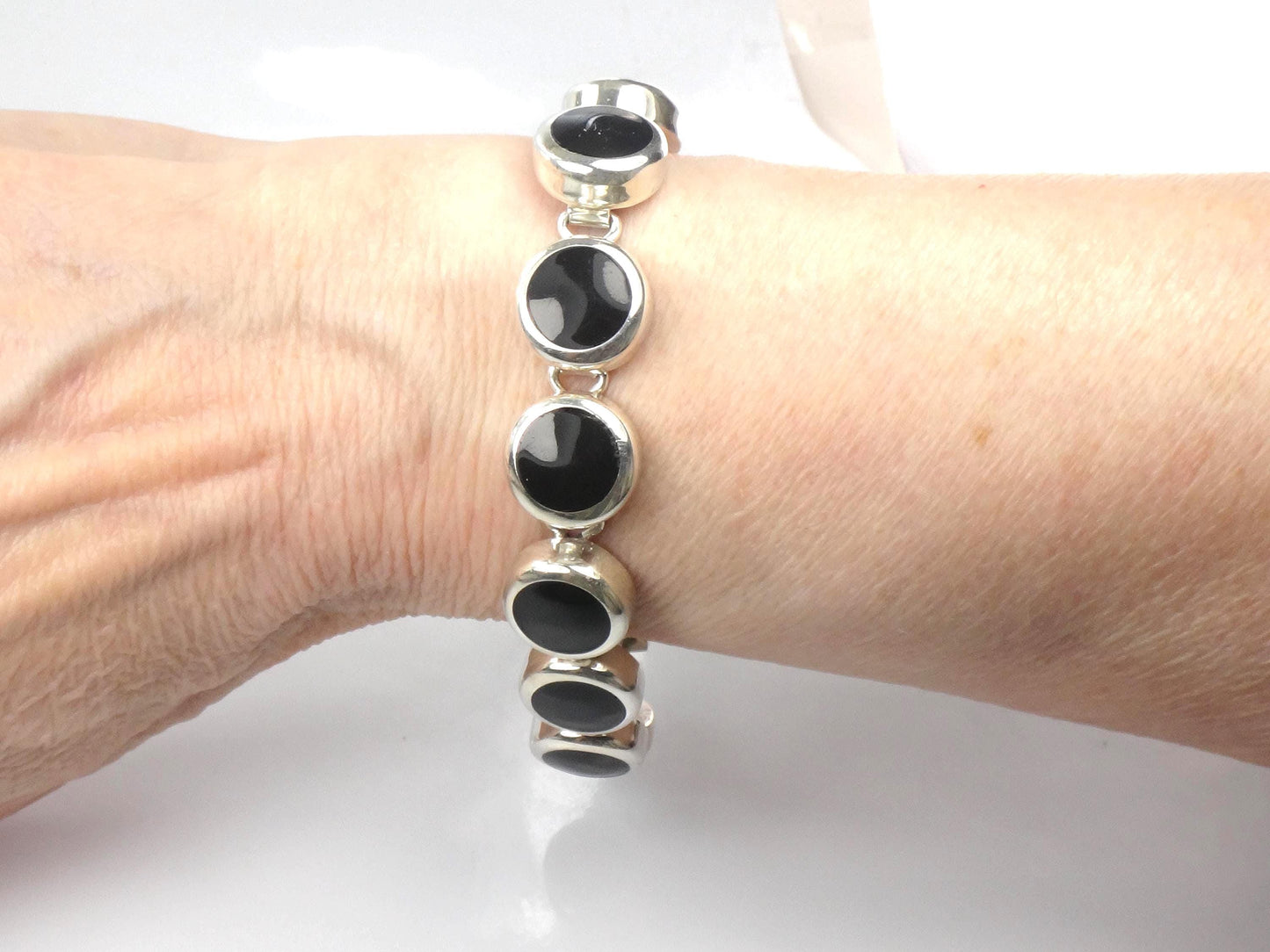 Vintage Sterling Silver Black Onyx Bracelet, Mexico 7"